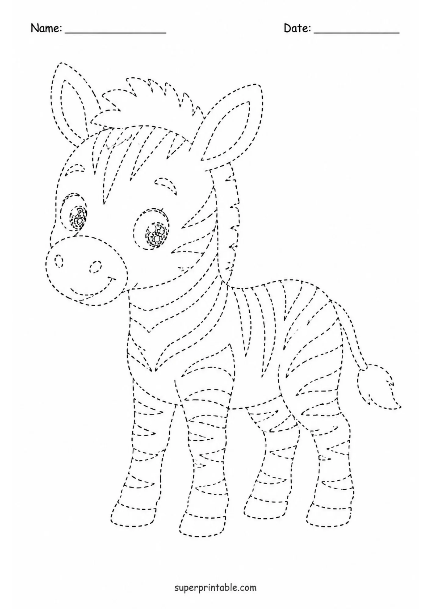 Printable line tracing worksheet showing a standing cartoon zebra foal looking forward with sparkling eyes, detailed with dashed tracing outlines and Name and Date fields.