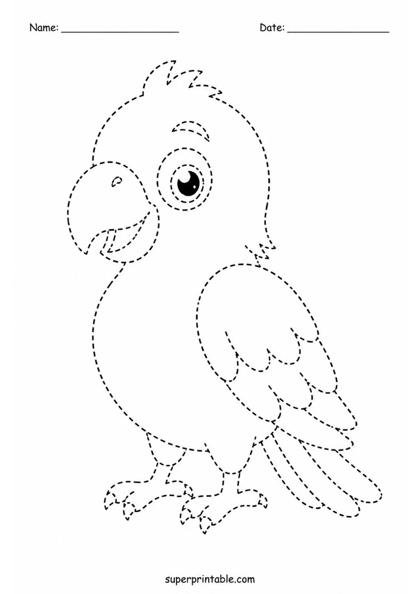 Black line art tracing page showing a standing cartoon parrot with a tufted head crest, open beak, clawed feet, and dashed line outlines.