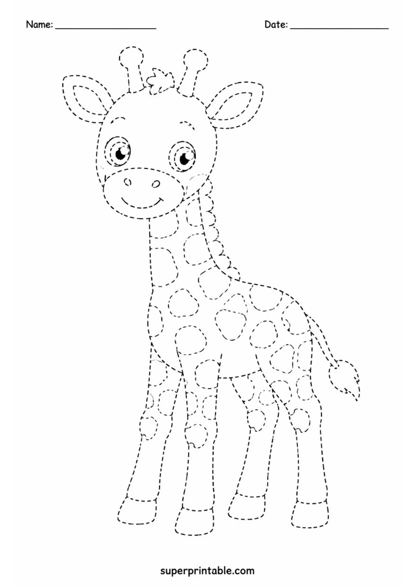 Black dashed outline printable page featuring a baby giraffe calf standing on four legs with neck mane, spot patterns, hooves, and top Name and Date header lines.