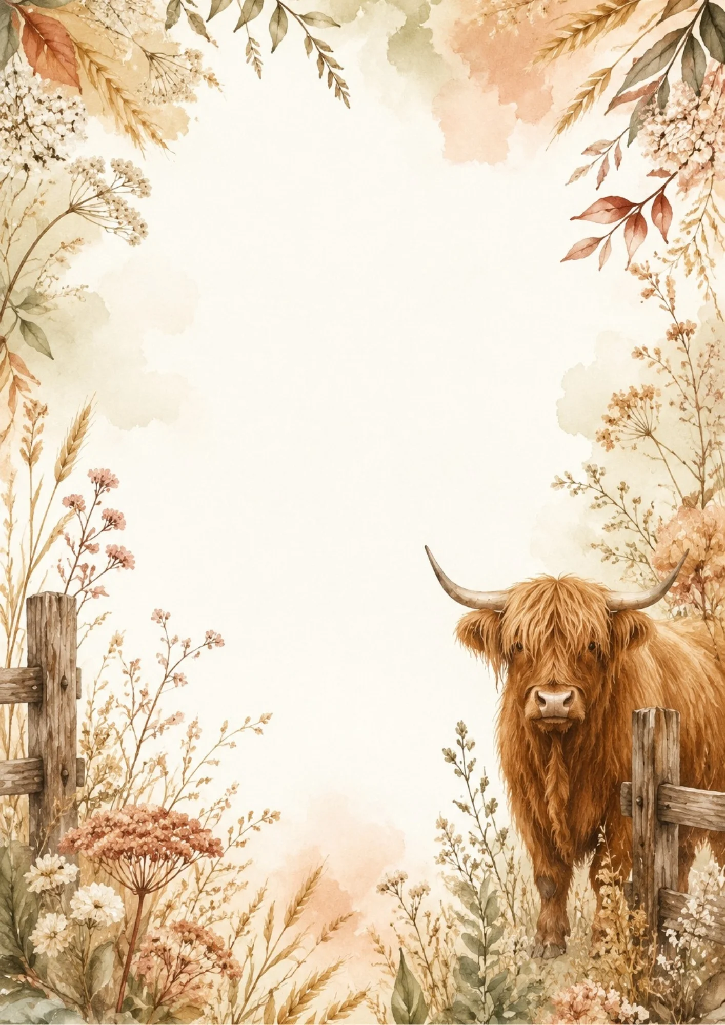 A brown Highland cow standing by a wooden fence post framed by dried wheat stalks, wild autumn grasses, and warm earthy floral watercolor washes.