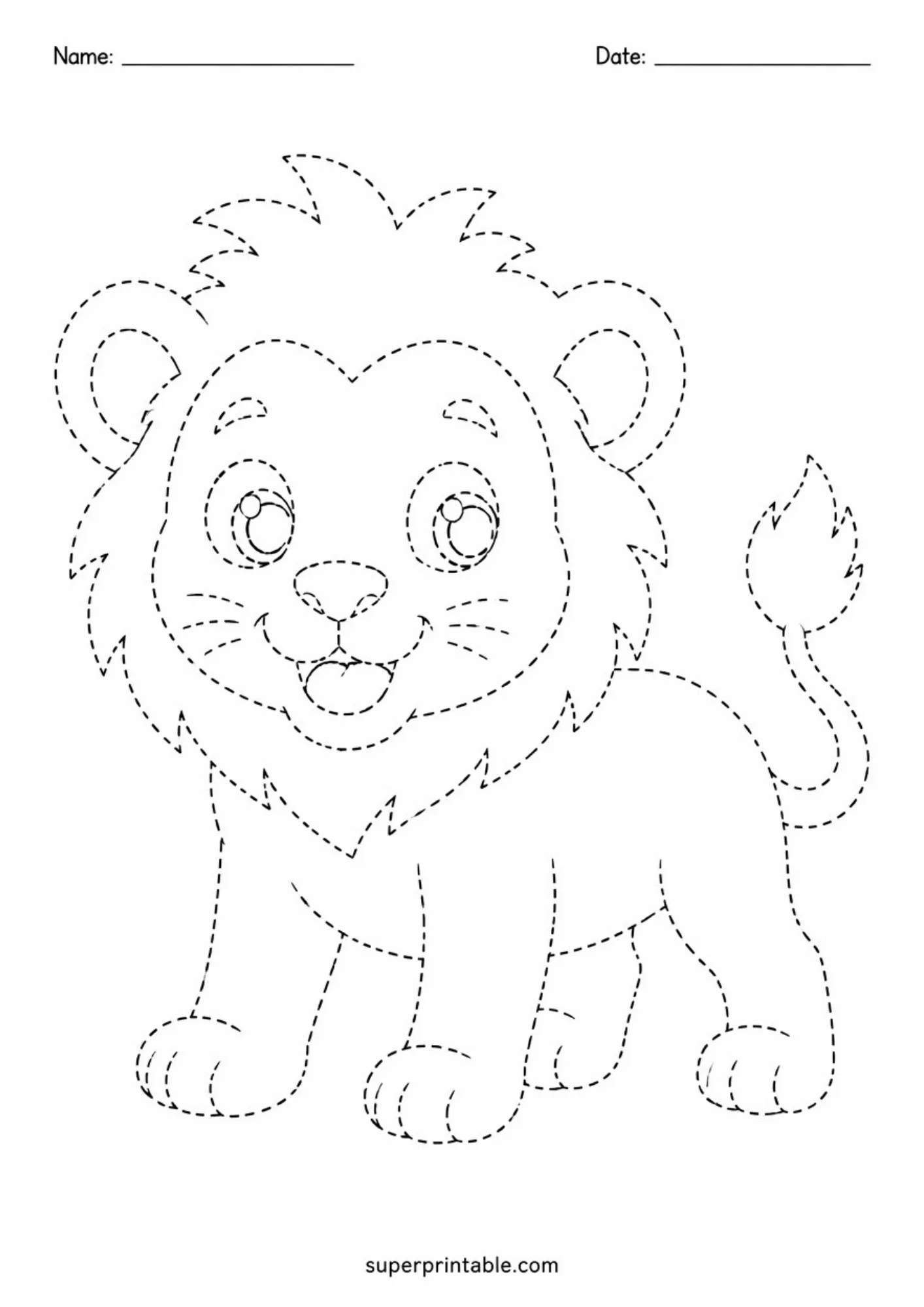 Educational tracing worksheet featuring a dotted outline of a cheerful lion cub standing on all four paws with a full fluffy mane.