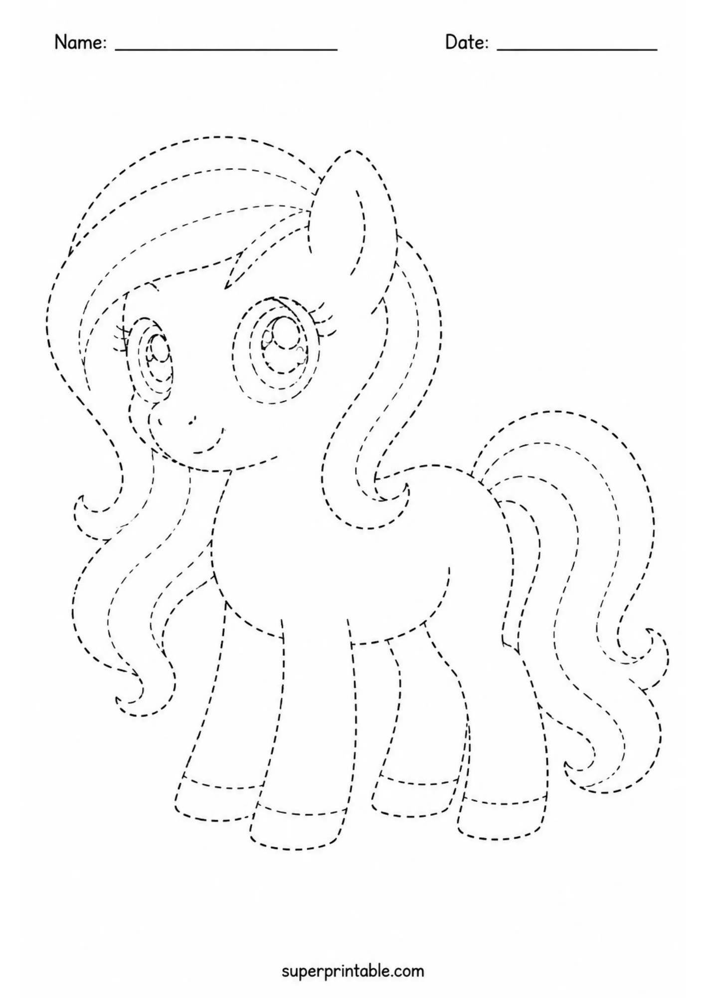 Dotted outline activity sheet showing a sweet standing pony with long layered hair and a flowing tail, designed for preschool line tracing.