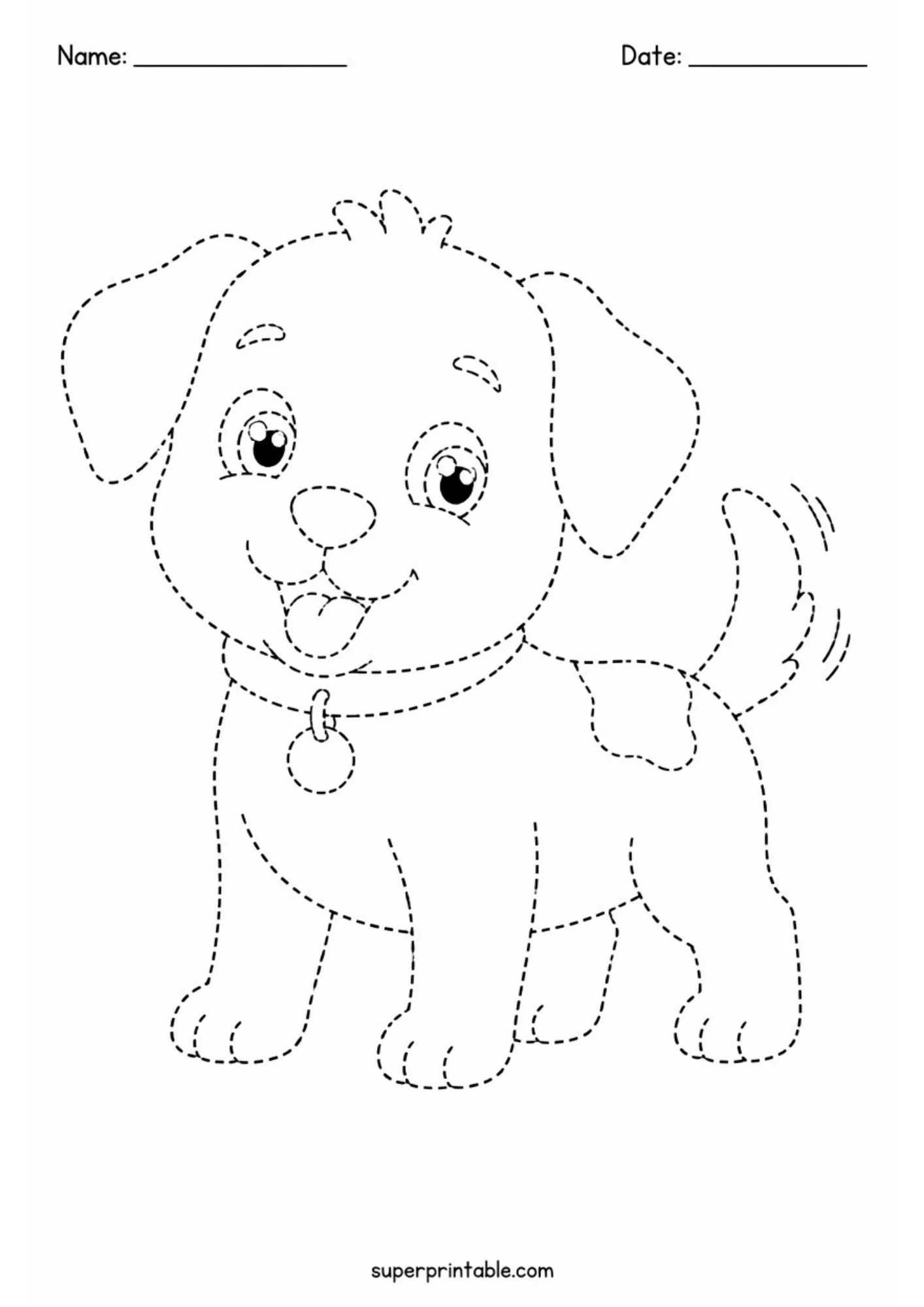 Black and white dotted line tracing worksheet of a happy cartoon puppy standing on four legs with a collar, round tag, and wagging tail.