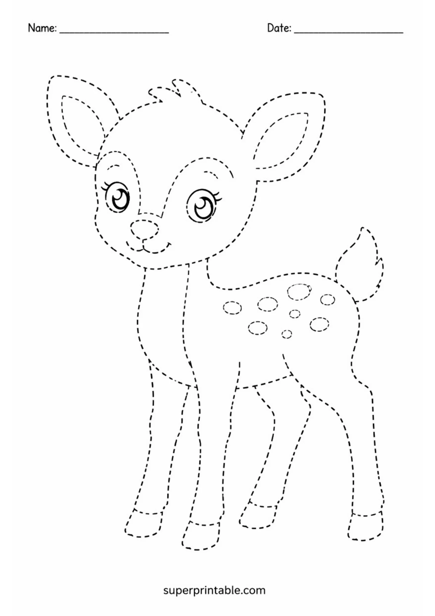 Dashed outline tracing activity page showing a cartoon fawn standing upright with large expressive eyes, hooves, and circular spots on its back.