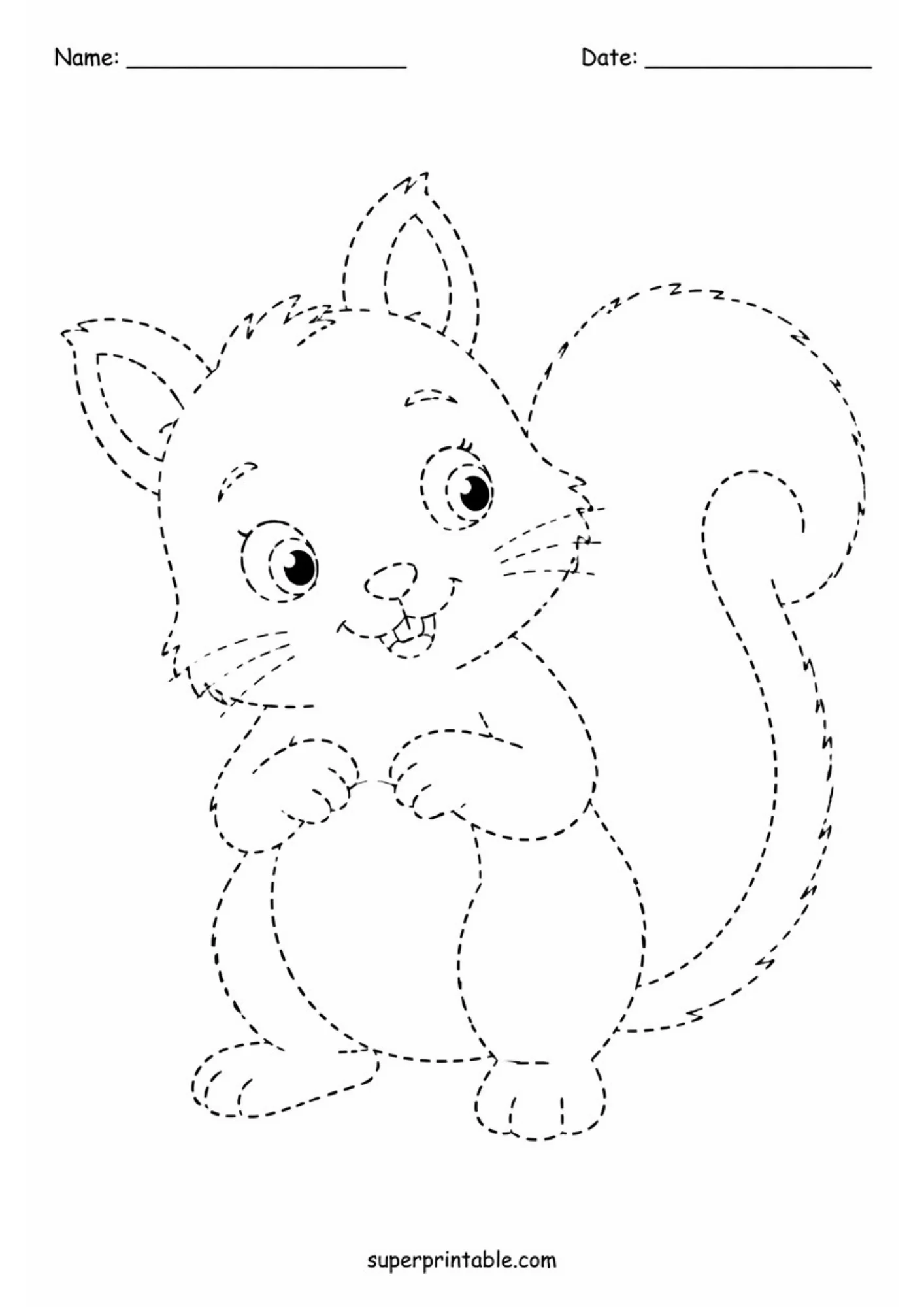 Black and white dashed outline printable worksheet featuring a baby squirrel standing on its hind legs with whiskers and a curled tail, with top Name and Date lines.