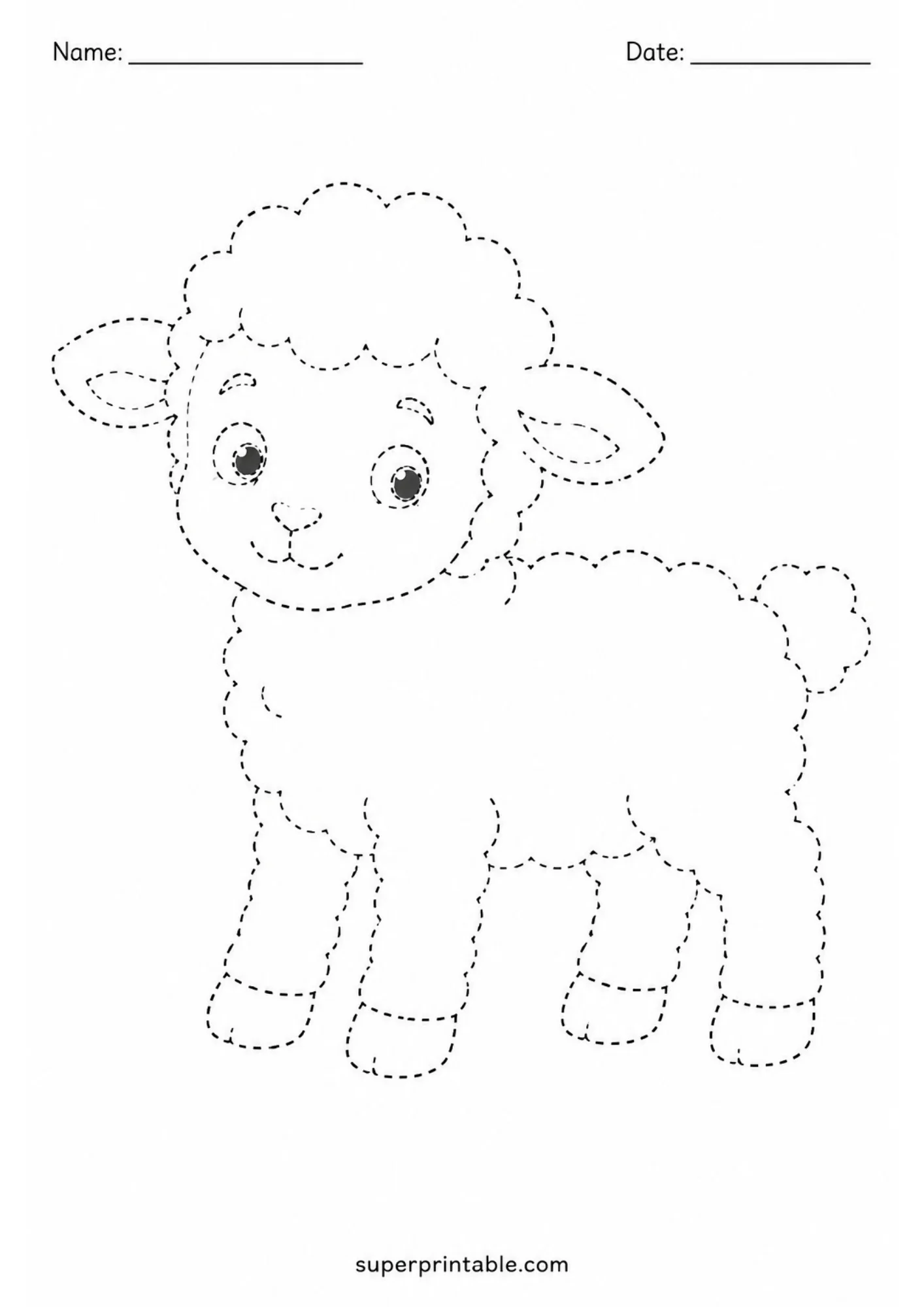 A dashed line art worksheet showing a fluffy baby lamb standing on all four hooves with big expressive eyes and soft woolly body.