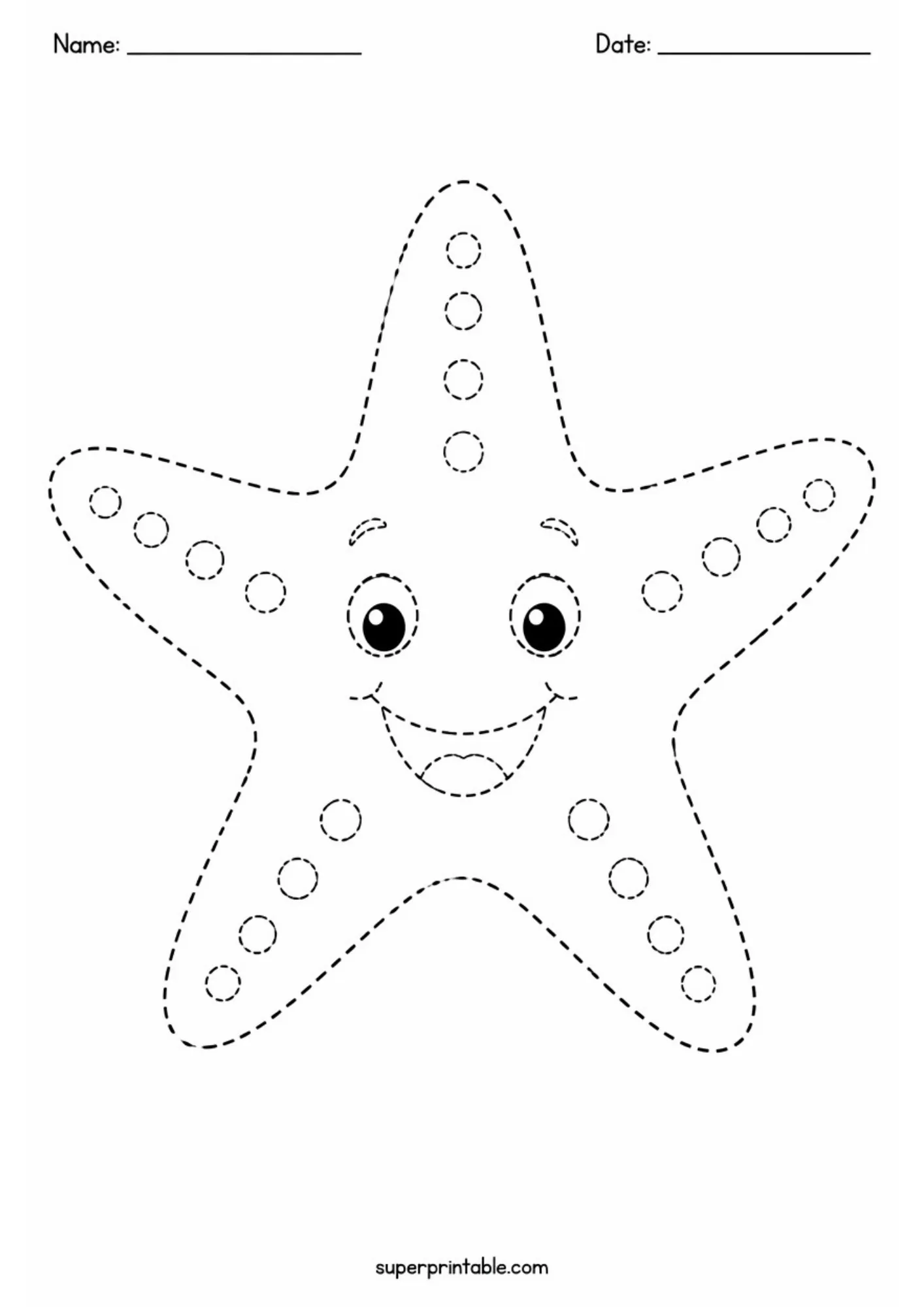 Starfish line tracing activity sheet with dashed outlines and circular patterns on a white background.