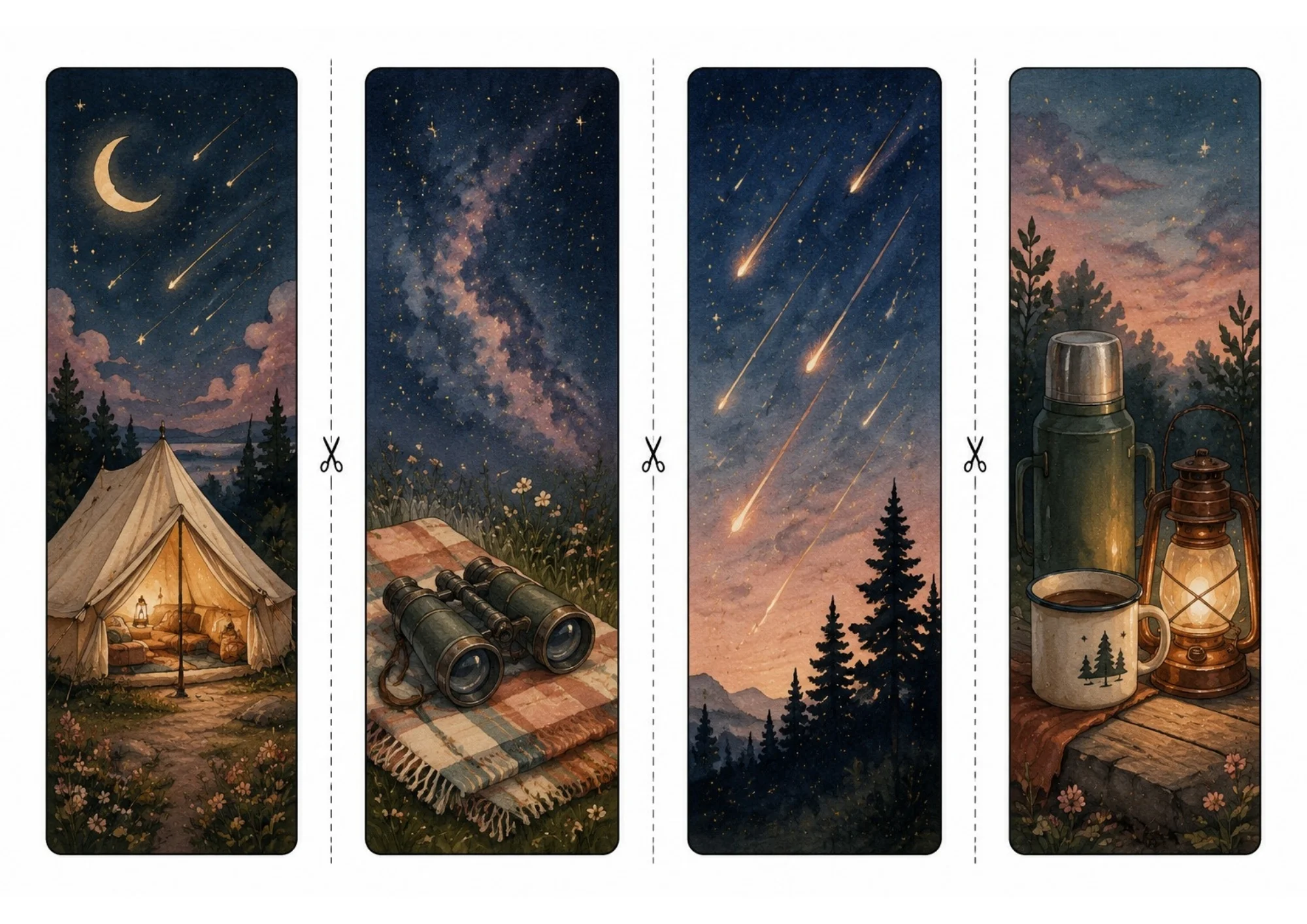Four watercolor night sky bookmarks depicting a lit camping tent under shooting stars, binoculars on a picnic blanket under the Milky Way, a mountain meteor shower, and a lantern with a campfire mug.