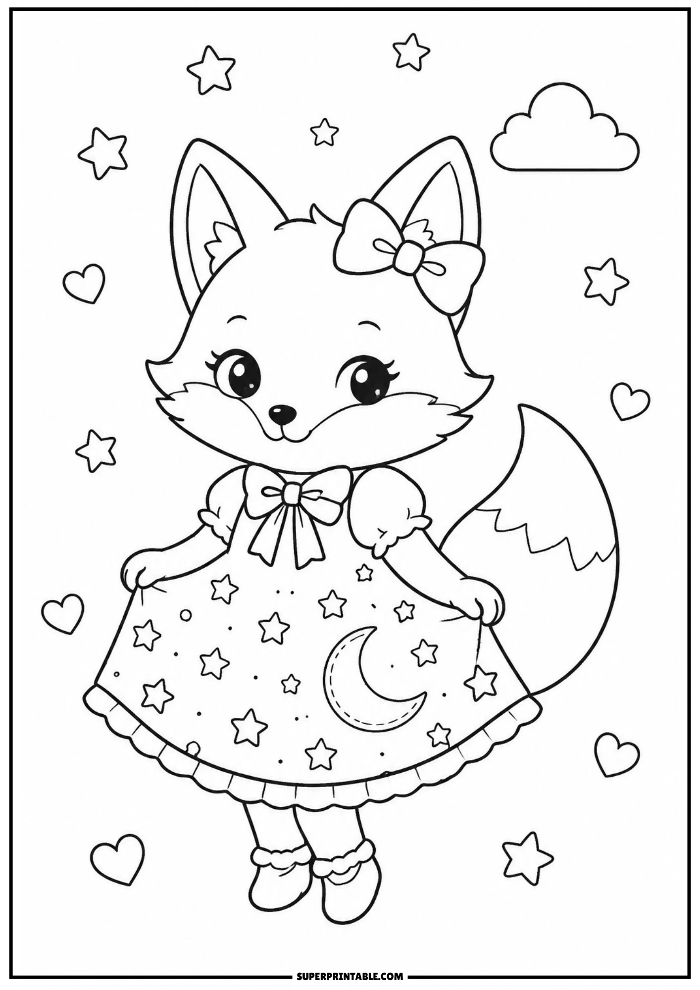 A vintage style coloring page of a cute fox wearing a dress printed with a crescent moon and stars, with a hair bow, floating in a sky filled with stars and hearts.