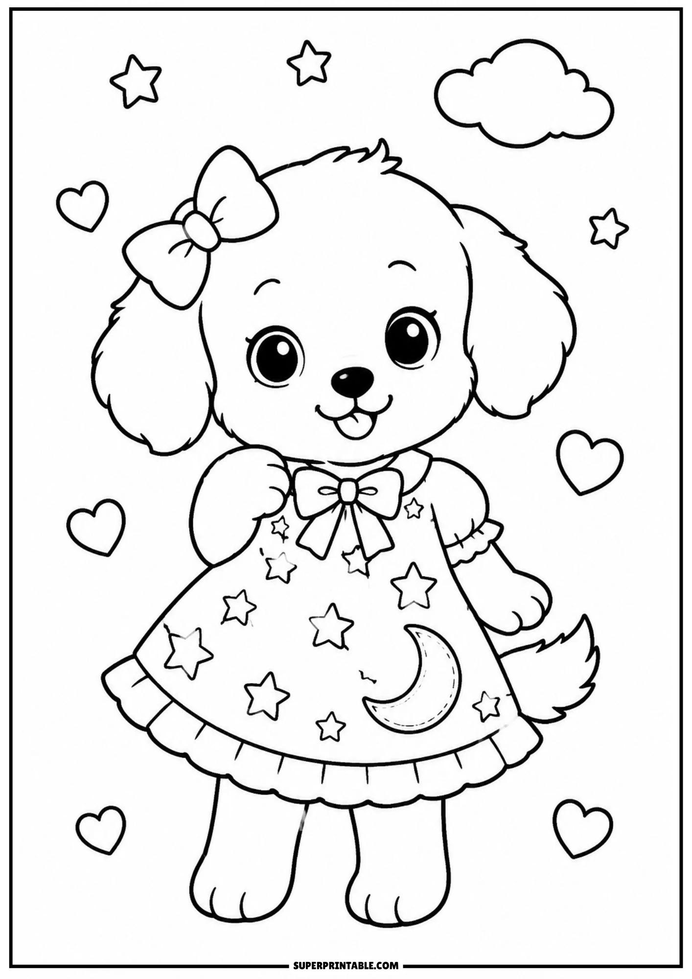 A coloring page showing a cute puppy in a star and moon patterned pajama dress, surrounded by clouds, stars, and hearts.