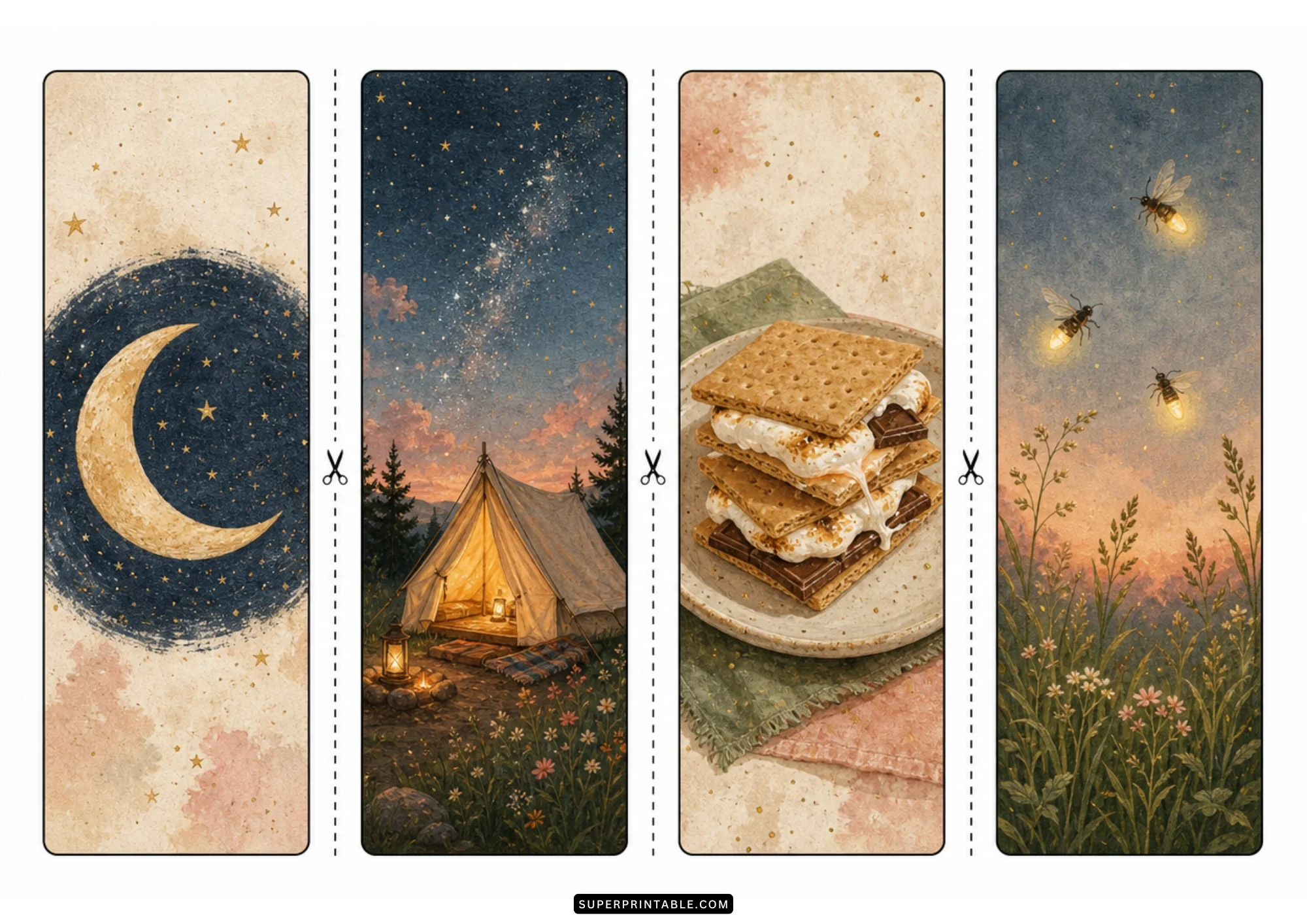 Watercolor night sky bookmarks showing a crescent moon, starry campsite, campfire smores, and glowing fireflies.