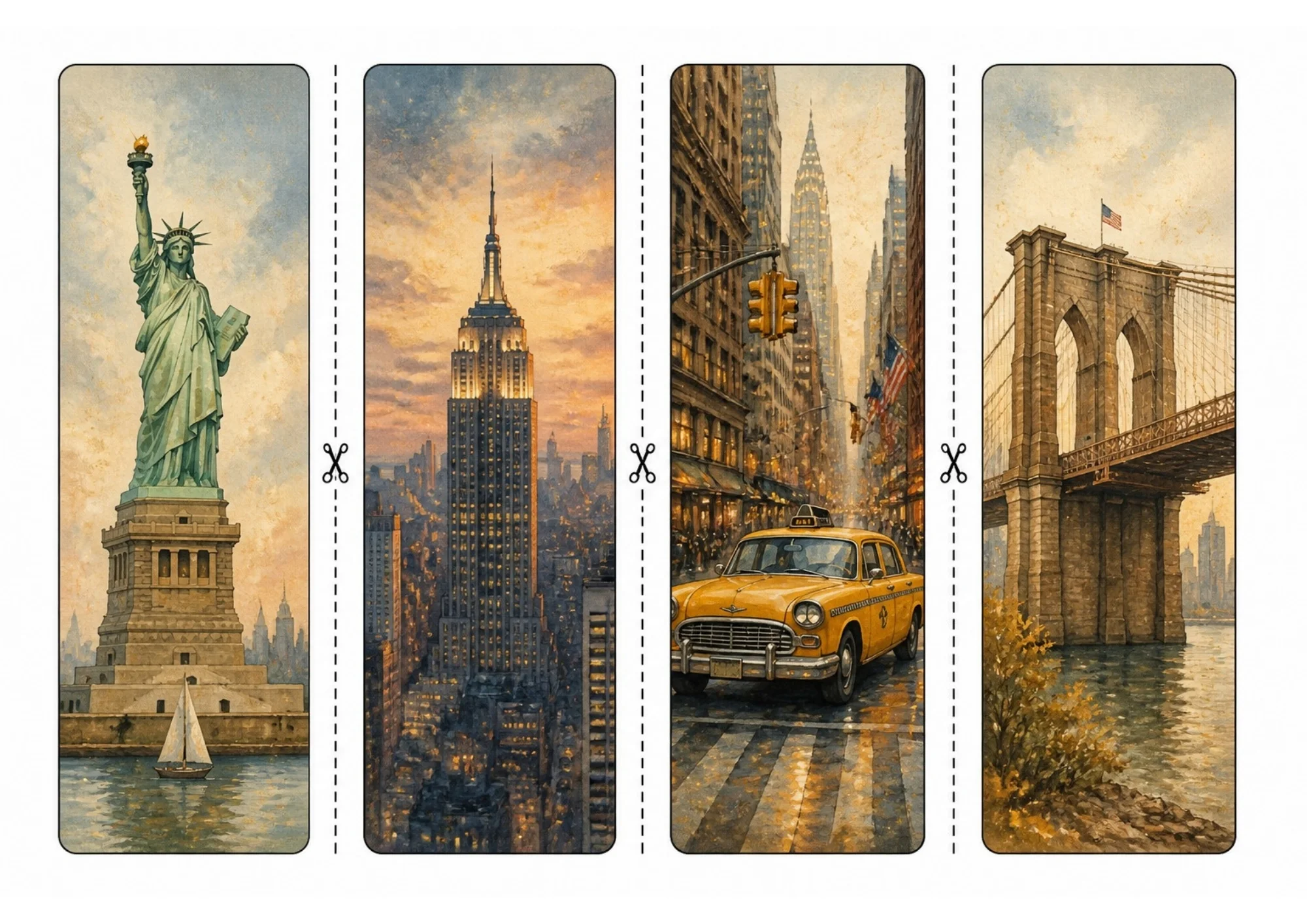 Printable sheet of four vertical bookmarks featuring watercolor illustrations of the Statue of Liberty with sailboat, Empire State Building at sunset, yellow NYC taxi, and Brooklyn Bridge.