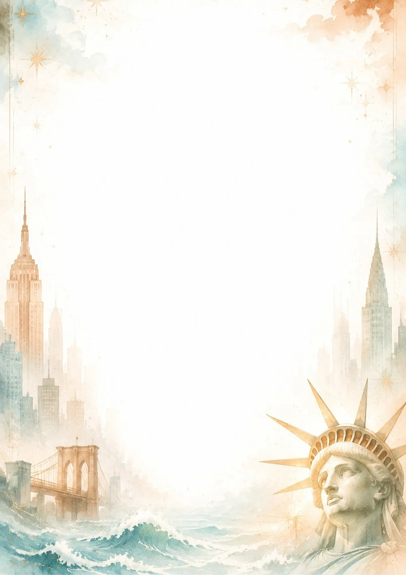 Watercolor border writing page with a close-up of the Statue of Liberty's face and crown, with the Brooklyn Bridge and city skyline.