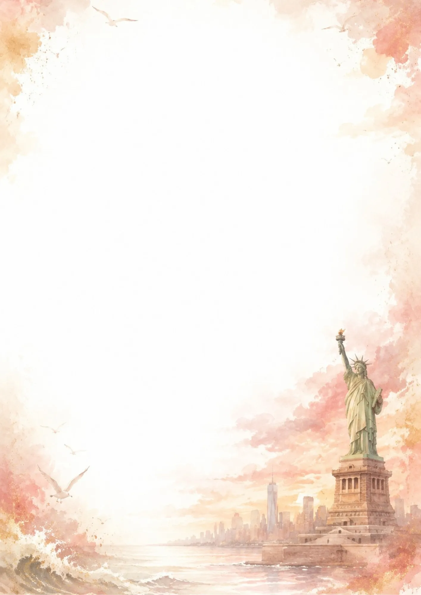 Watercolor border writing page showing the Statue of Liberty on her pedestal against a golden sunset sky with seagulls and waves.