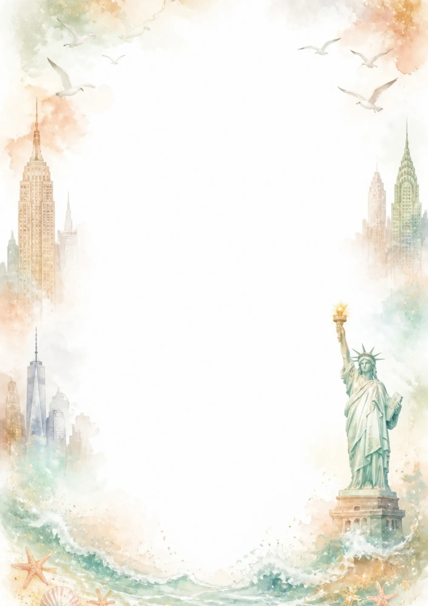 Watercolor border writing page featuring the Statue of Liberty in New York Harbor, with Manhattan skyscrapers, seagulls, and starfish on the sandy shore.