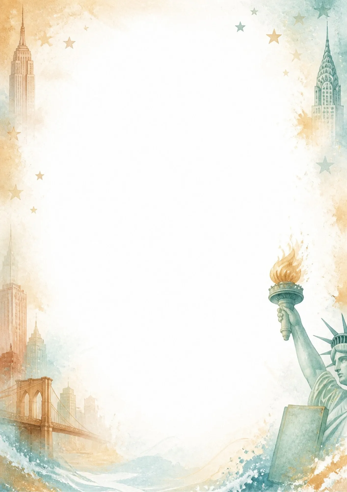 Watercolor border writing page with the upper body of the Statue of Liberty holding her glowing torch high, under a starry gold sky.