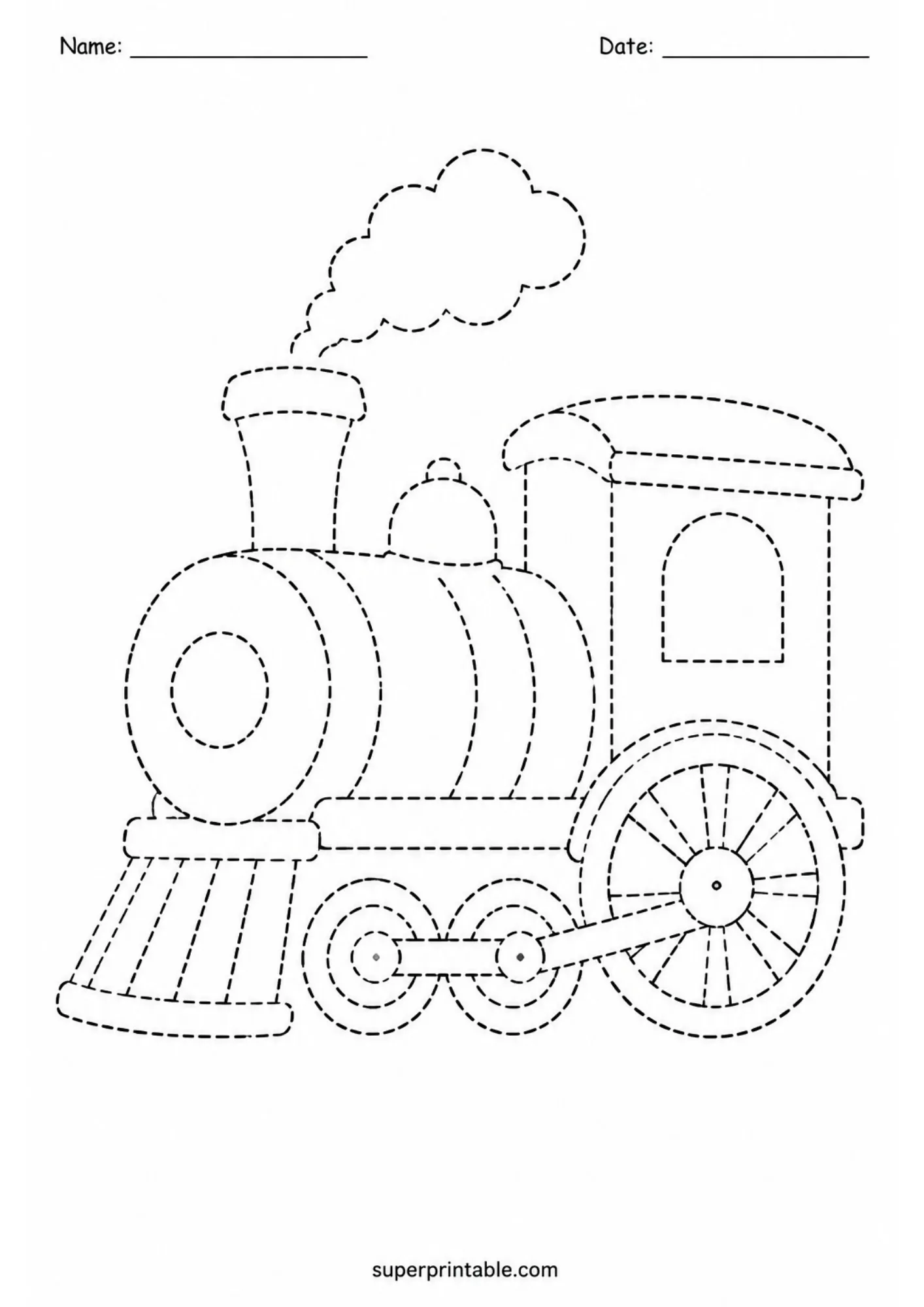 Black and white line tracing worksheet showing a classic steam train locomotive with dashed outlines.