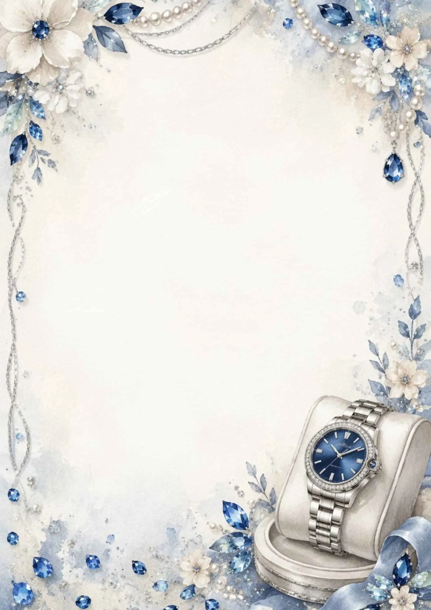 A cool writing page featuring a steel watch with a deep blue dial on navy velvet with silver ribbons.
