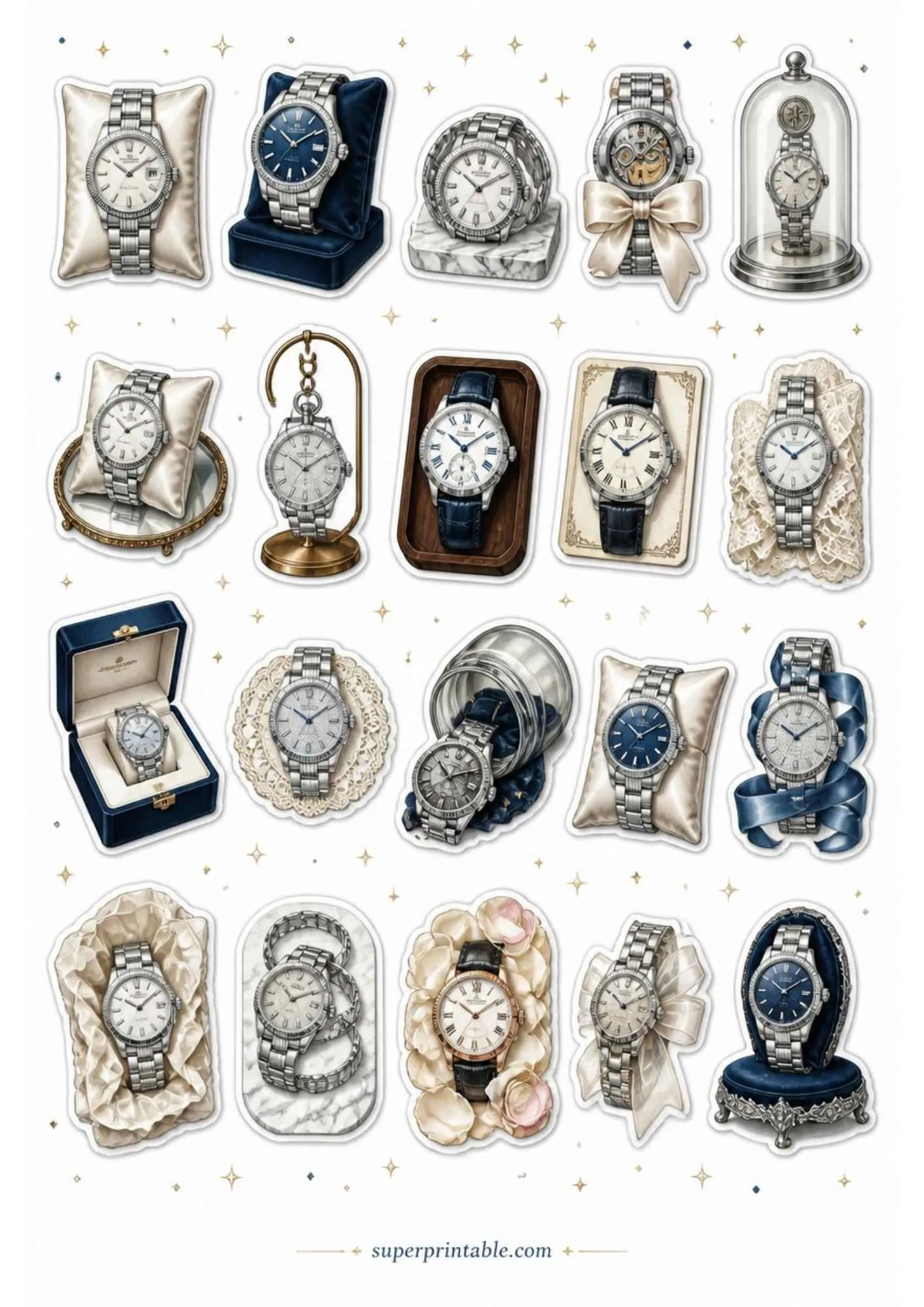 A printable sticker sheet showing silver and steel watches, dark blue dials, silver ribbons, and navy velvet stands.