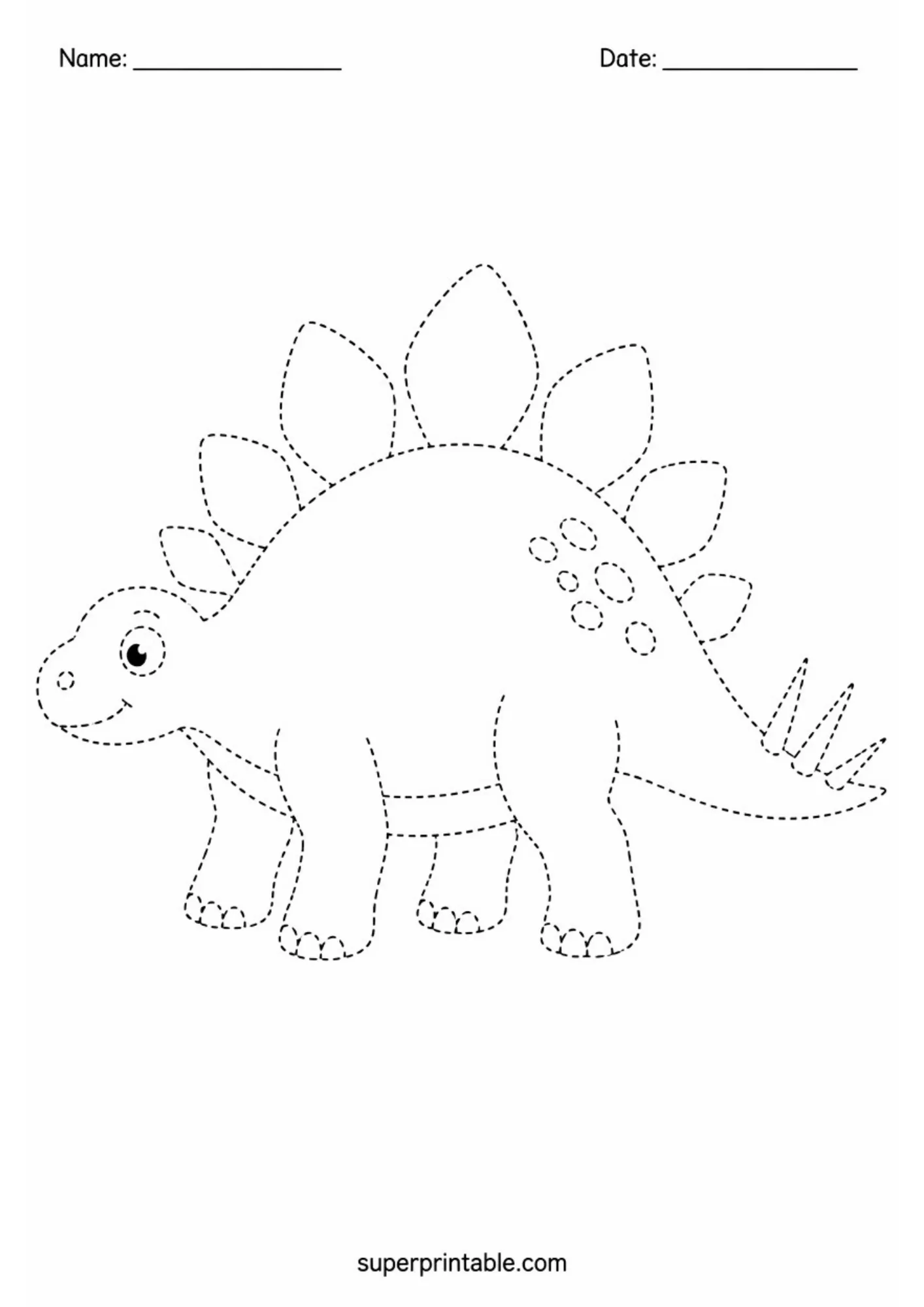 Line tracing worksheet of a smiling cartoon Stegosaurus with back plates and tail spikes drawn with dashed outlines.