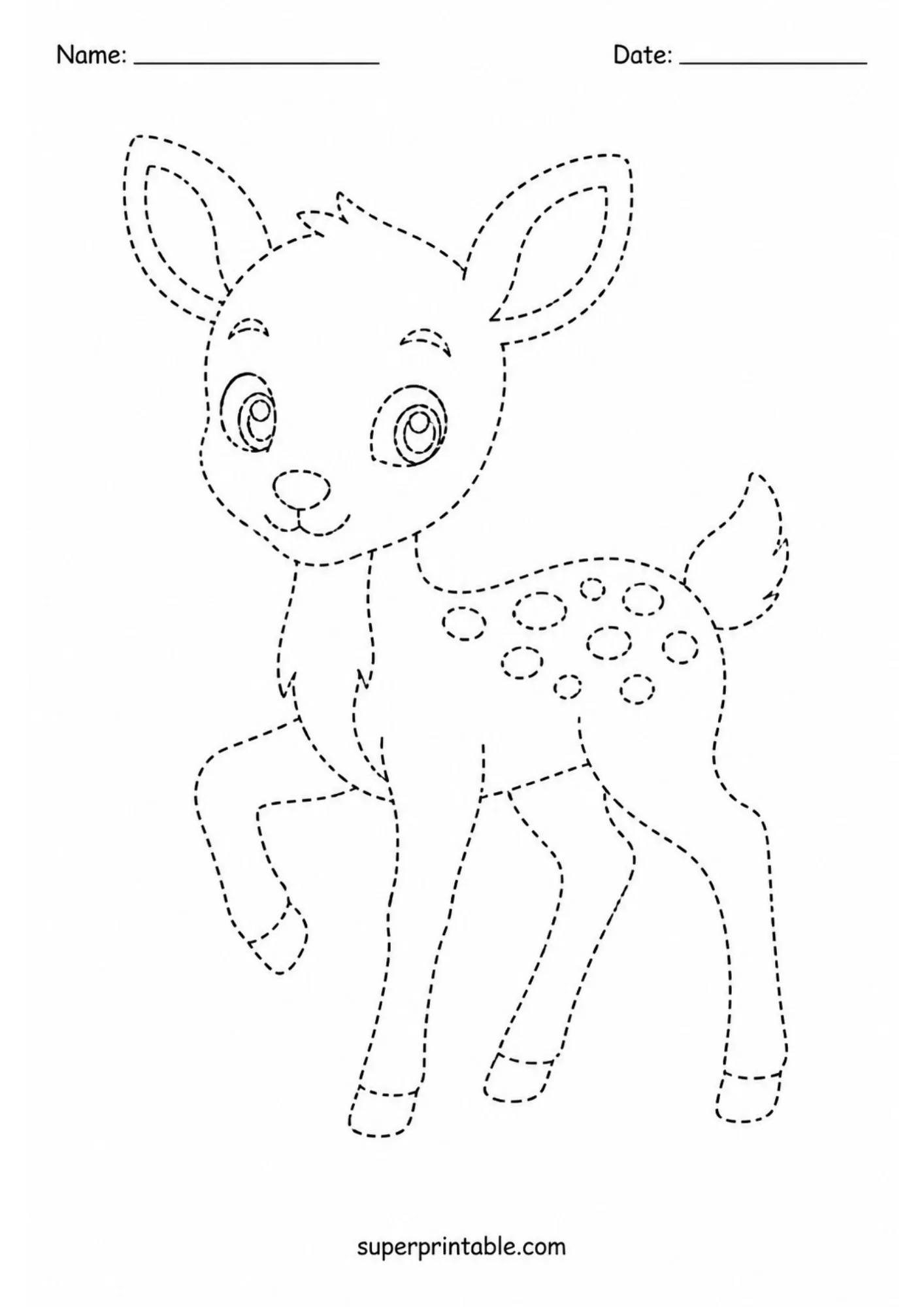 Dashed line tracing page showing a sweet cartoon fawn raising one front hoof while standing, outlined with clear black dashed strokes.