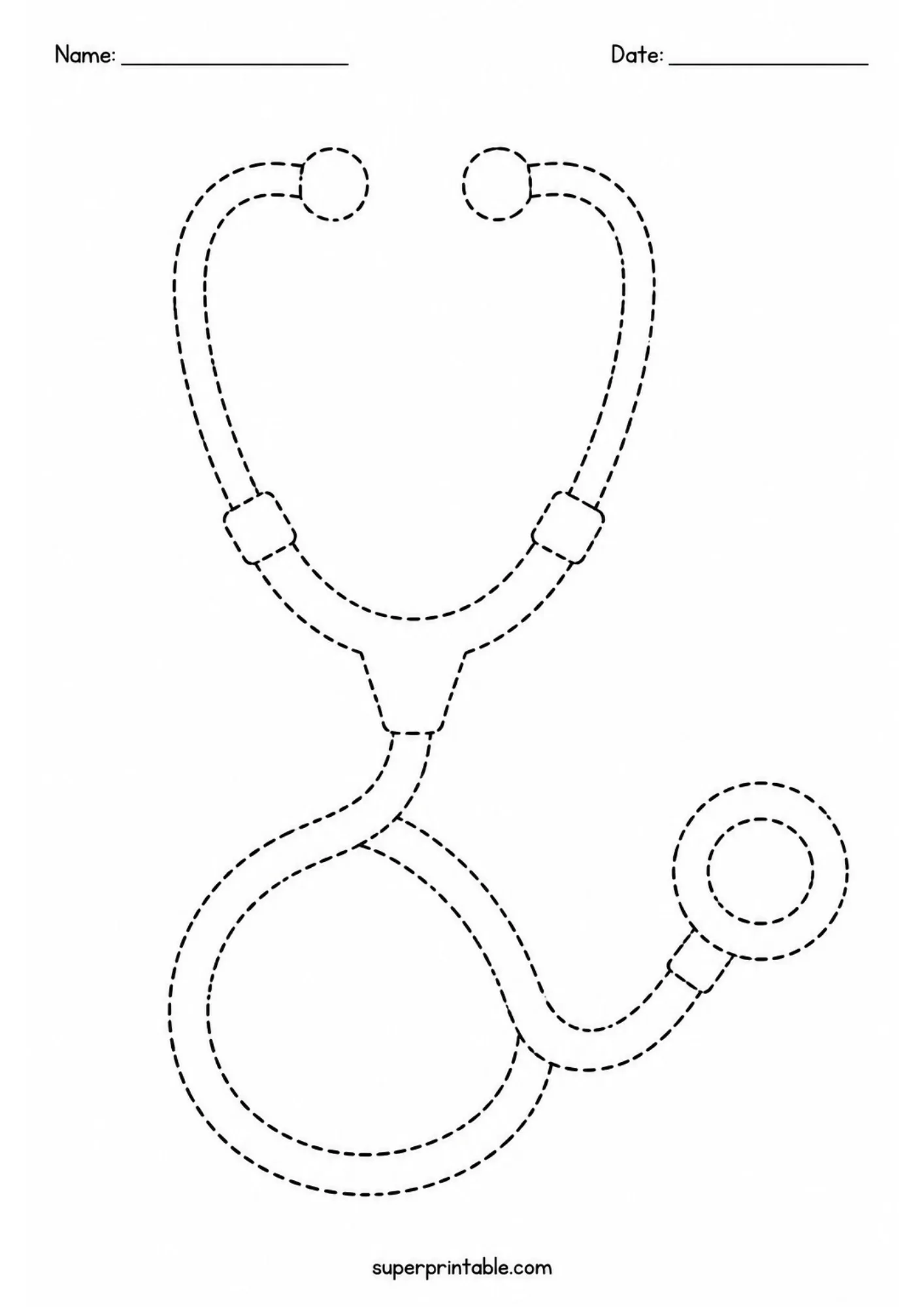 Printable line tracing worksheet illustrating a medical stethoscope outline for children.