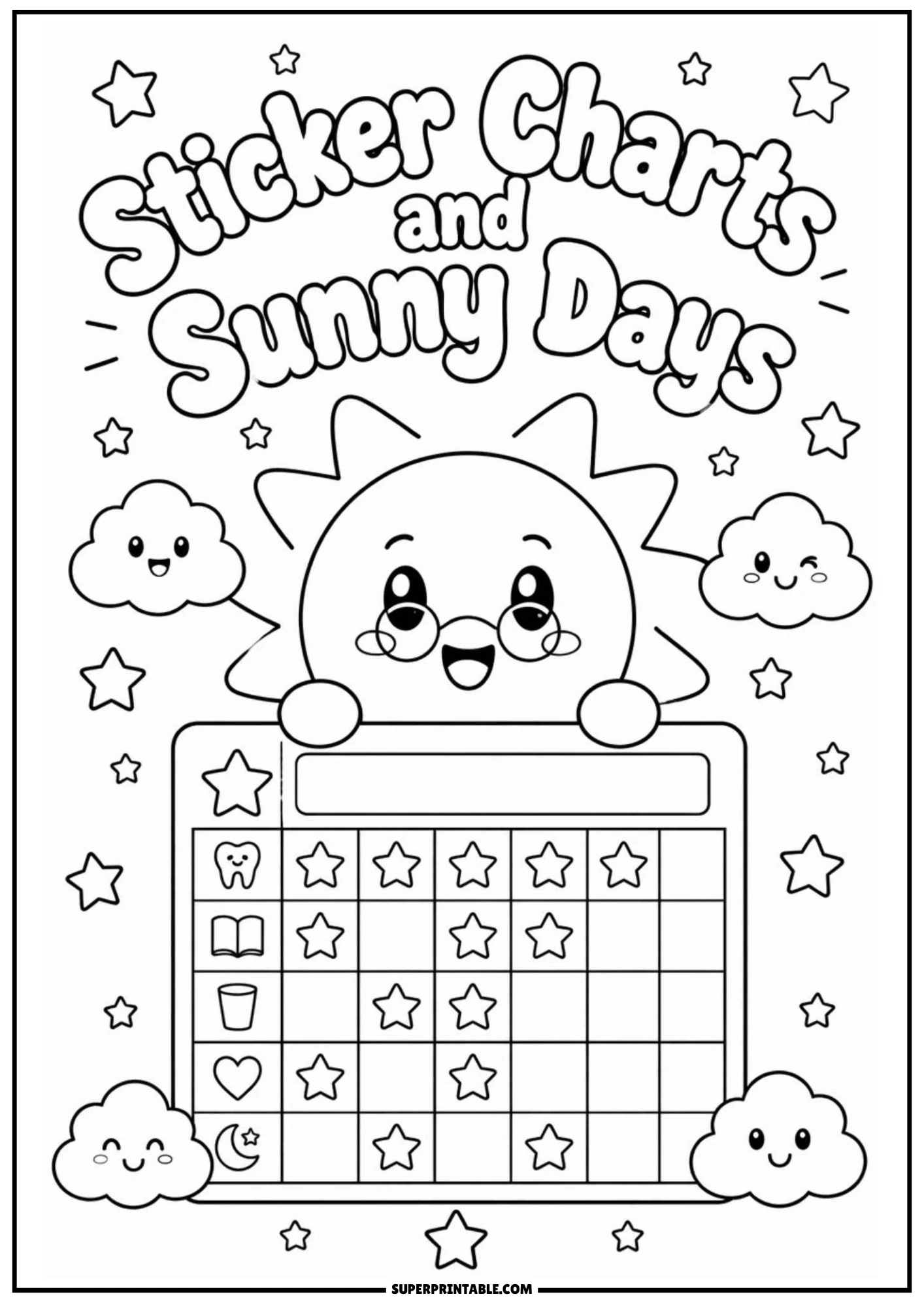 A cheerful sun wearing glasses peeking behind a star reward sticker chart surrounded by cute smiling clouds and stars under the header Sticker Charts and Sunny Days.