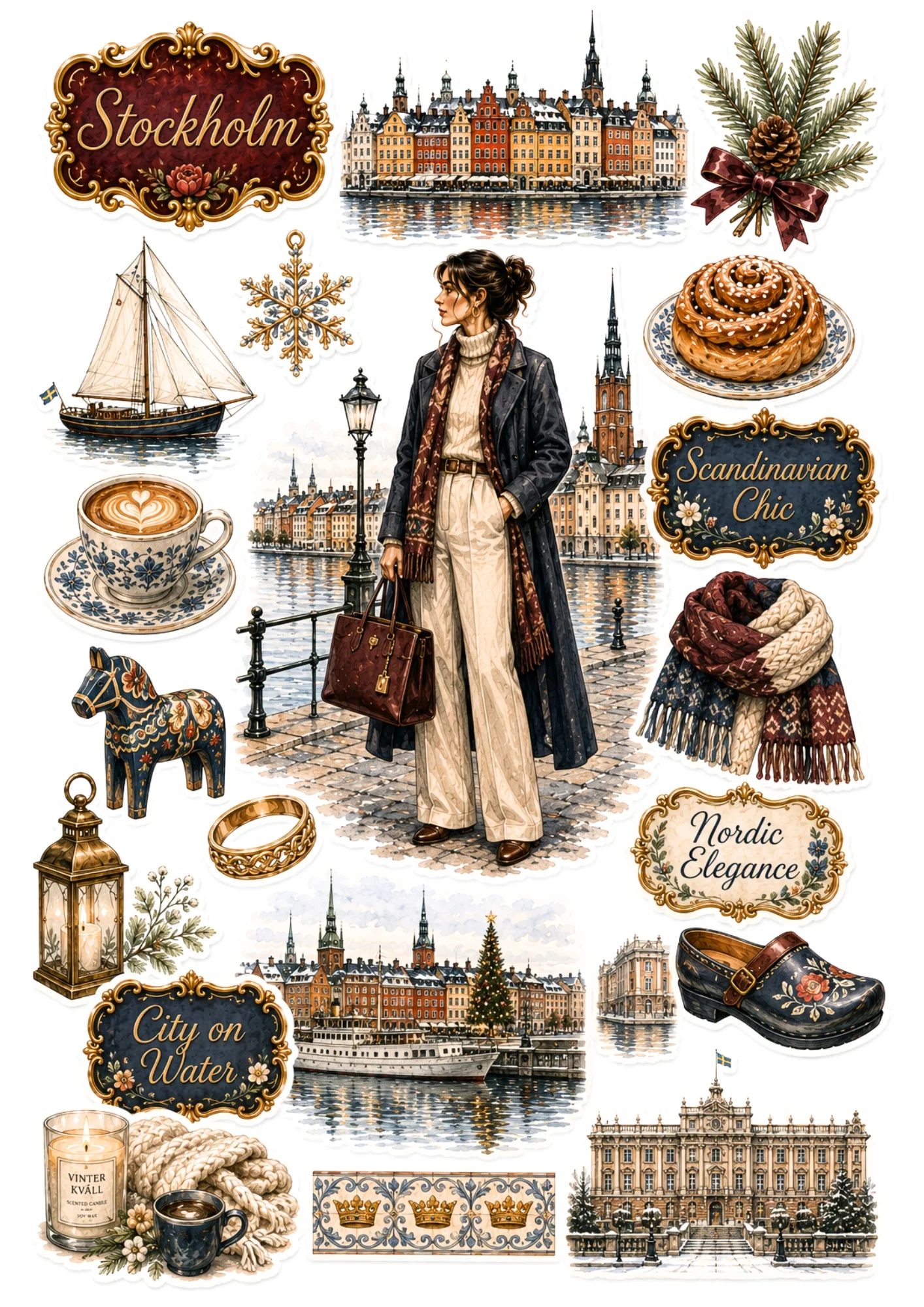 Stockholm sticker collection with a woman in a navy coat at Gamla Stan waterfront, blue Dala horse, cinnamon bun, and clogs.