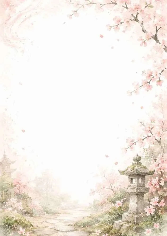 Watercolor border page showing a stone lantern surrounded by pink cherry blossoms in full bloom with a pagoda in the distance.