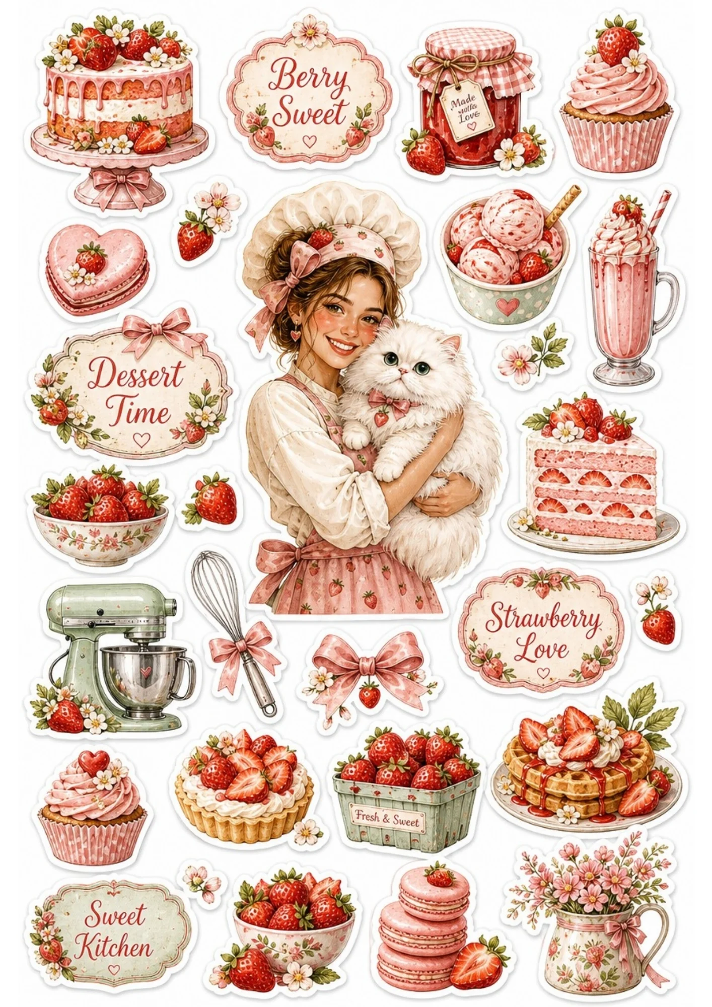 A girl making strawberry milkshakes and waffles with her white cat. Surrounding stickers include fresh strawberries, layered cakes, and text saying 'Berry Sweet' and 'Dessert Time'.