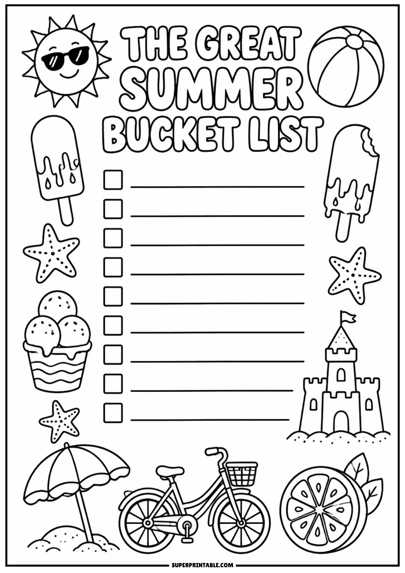 Printable summer bucket list page with checkboxes, lined spaces, a smiling sun, popsicles, starfish, a sandcastle, a bicycle, and a beach umbrella.