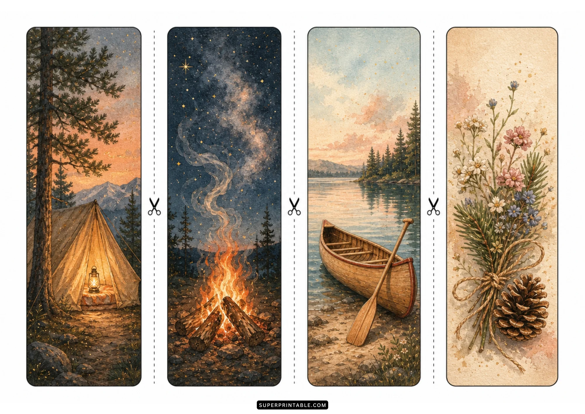 Watercolor camping bookmarks with a cozy tent, night campfire, wooden canoe, and wildflower bouquet.