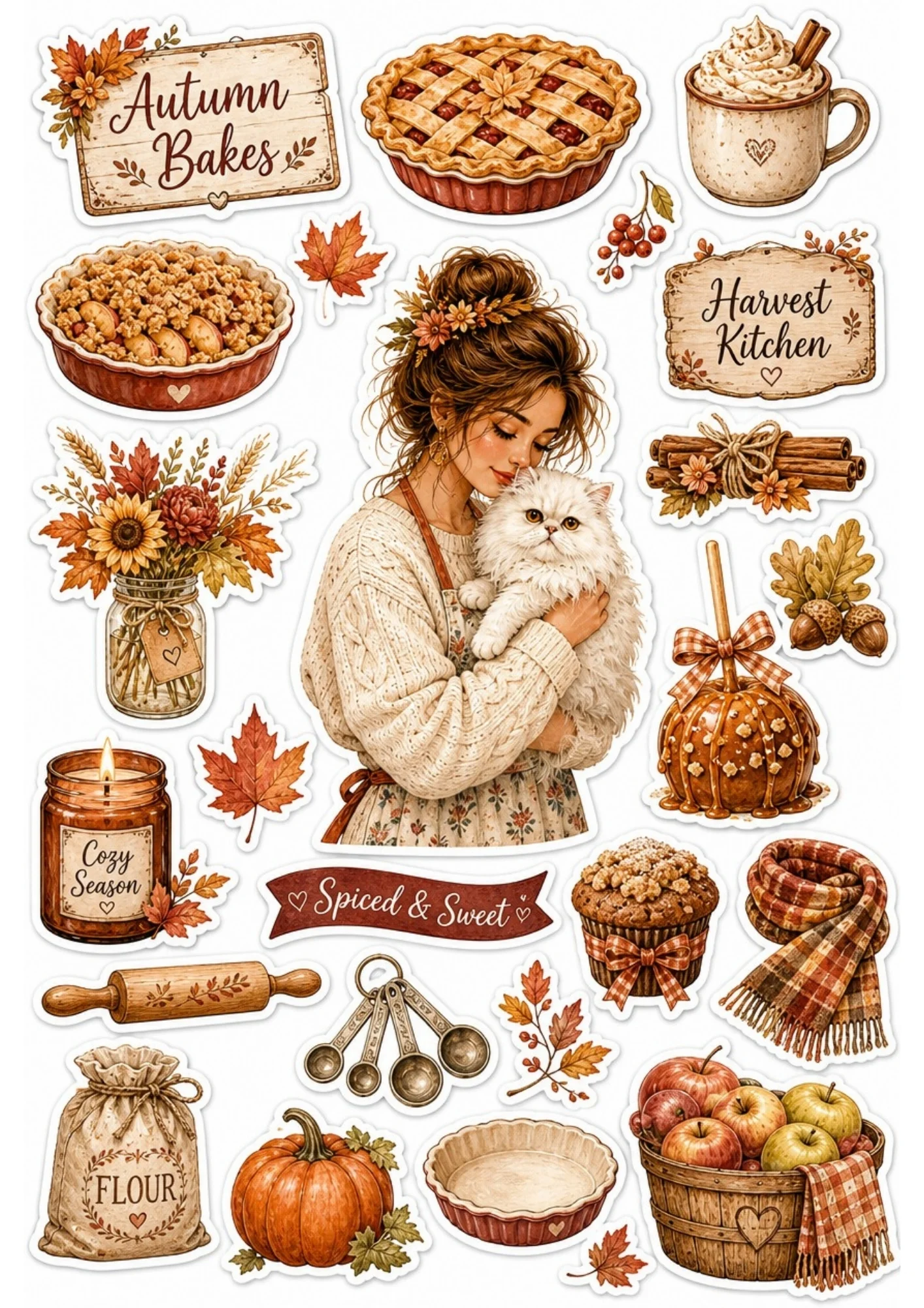 A girl making fresh lemonade with summer berries and a white cat. Surrounding stickers include lemons, strawberries, a juicer, and text saying 'Fresh & Sweet' and 'Summer Vibes'.