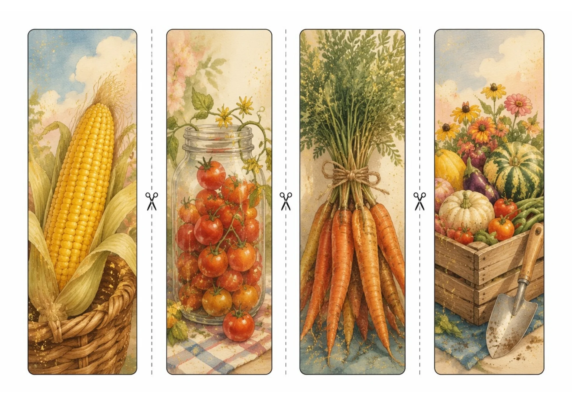 Four watercolor garden bookmarks with golden sweet corn in a basket, a mason jar packed with cherry tomatoes, tied orange carrots, and a garden crate with a metal trowel.