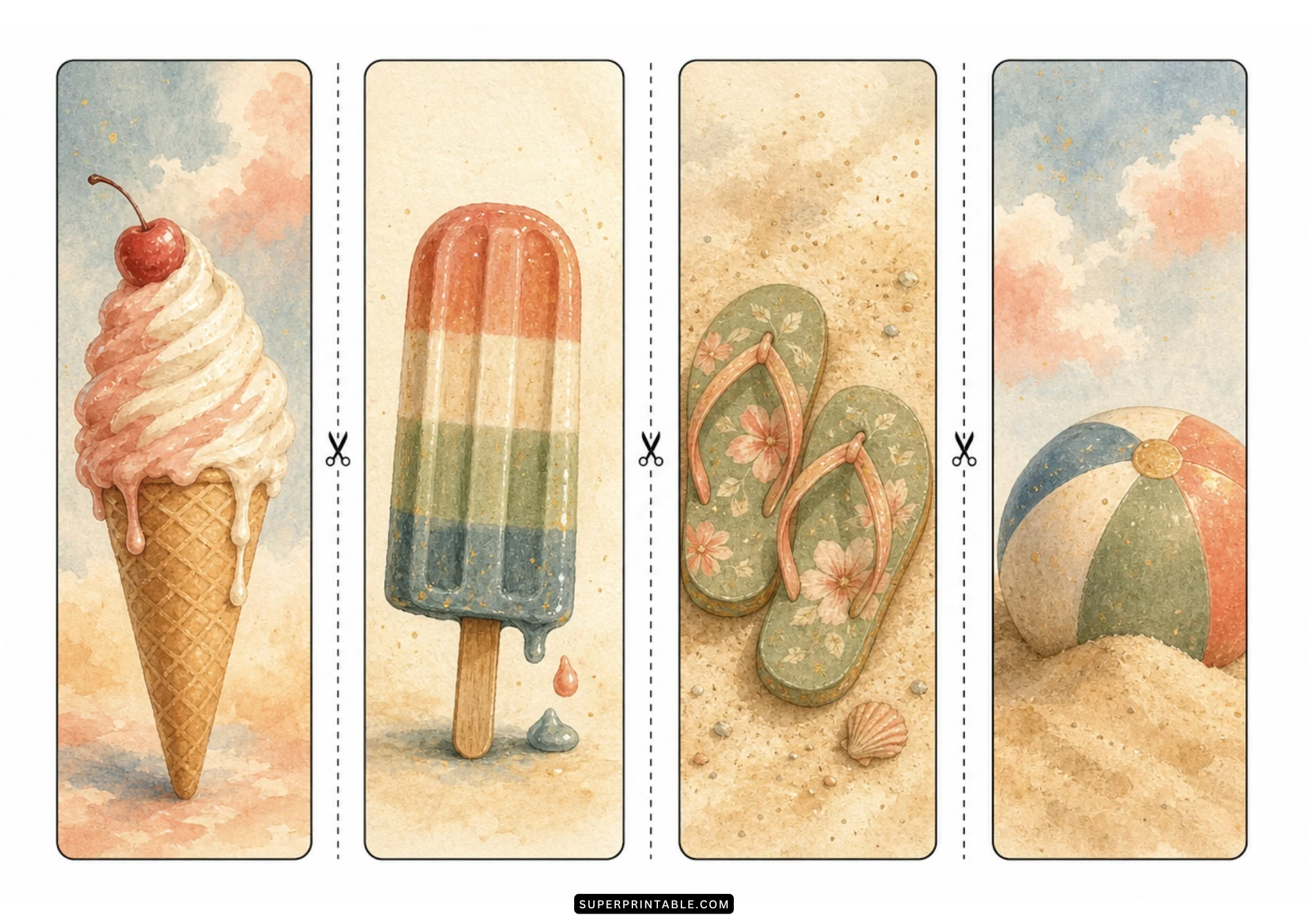 Watercolor beach bookmarks with a soft serve ice cream cone, popsicle, flip flops, and beach ball.
