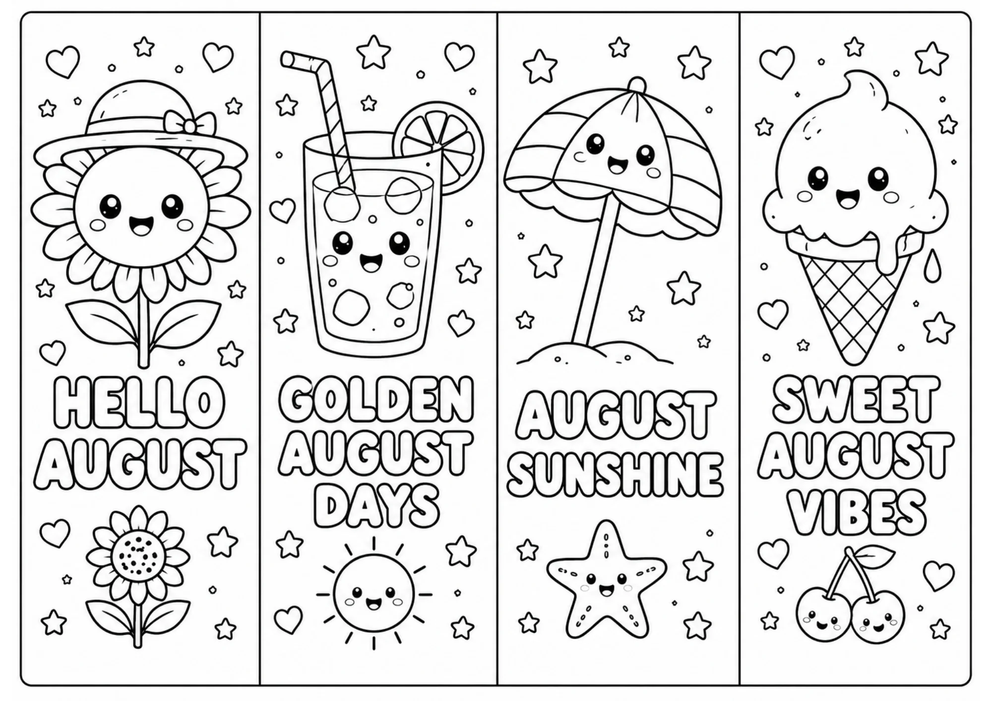 Four black and white printable bookmarks depicting a sunflower in a hat, glass of lemonade, beach umbrella, and ice cream cone with summer themes.