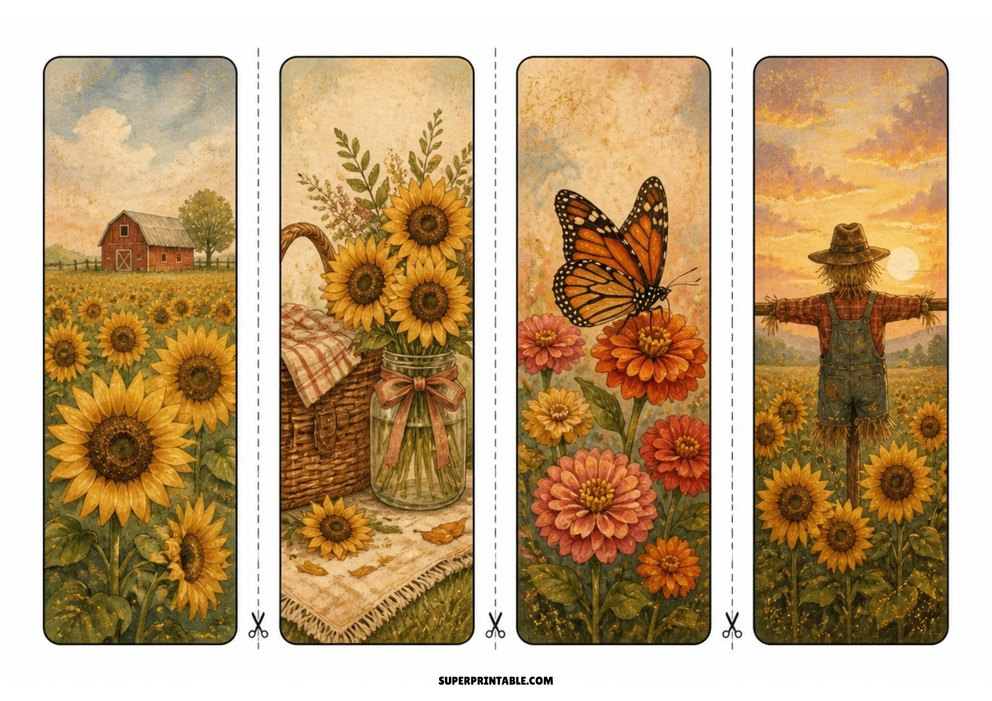 Four printable floral bookmarks showing a red barn in a sunflower field, sunflowers in a jar, a monarch butterfly on zinnias, and a scarecrow.