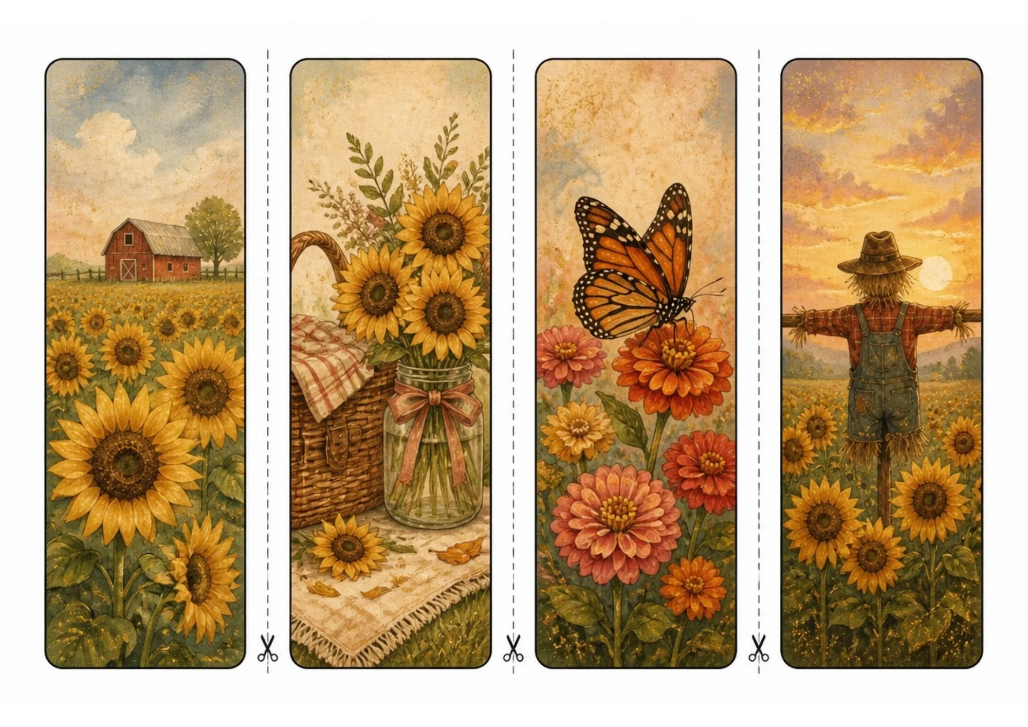 Four watercolor sunflower bookmarks displaying a red barn in a sunflower field, a bouquet of sunflowers in a glass jar, a monarch butterfly on pink zinnias, and a scarecrow at sunset.
