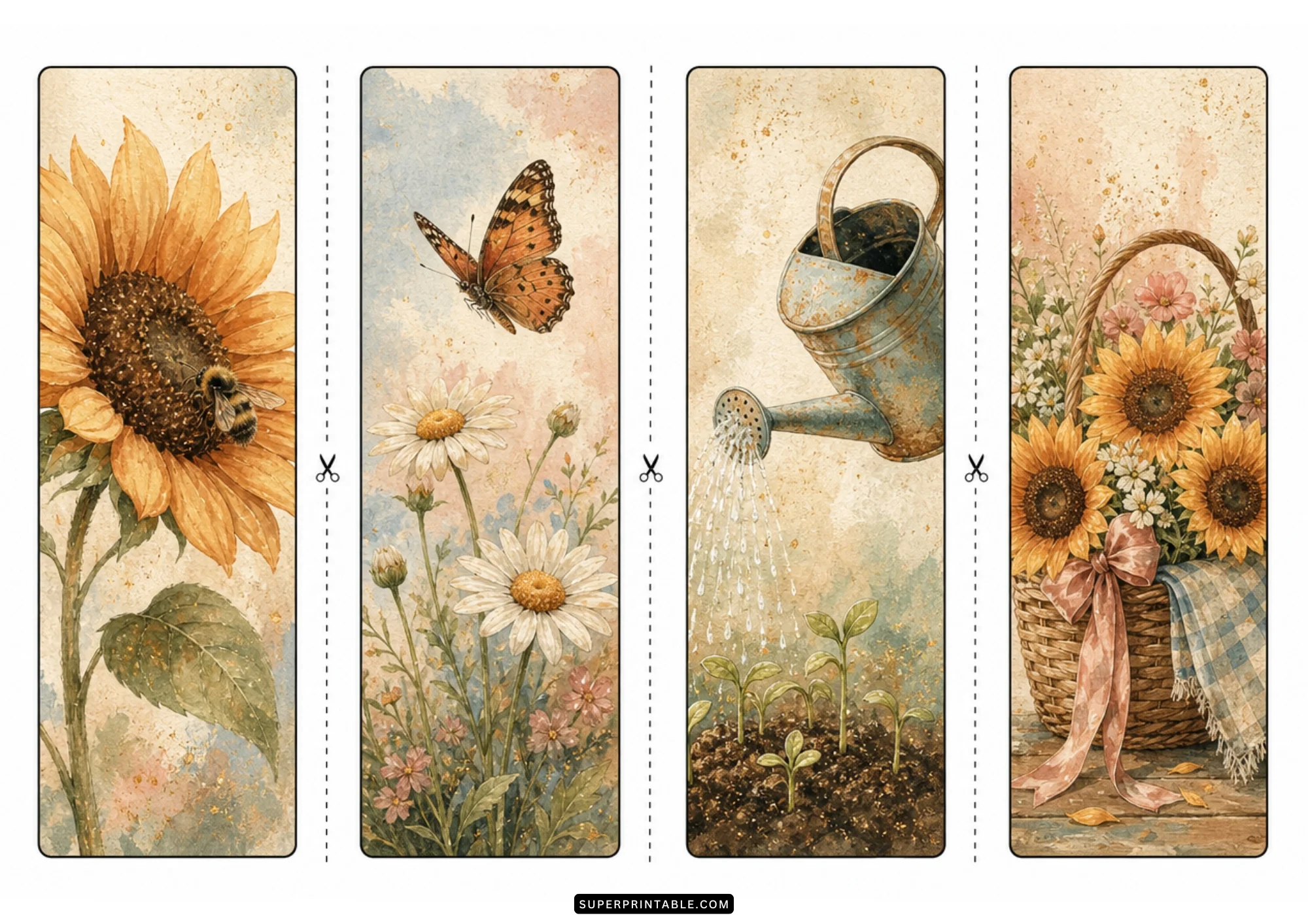 Watercolor garden bookmarks showing a golden sunflower with bee, monarch butterfly, watering can, and flower basket.