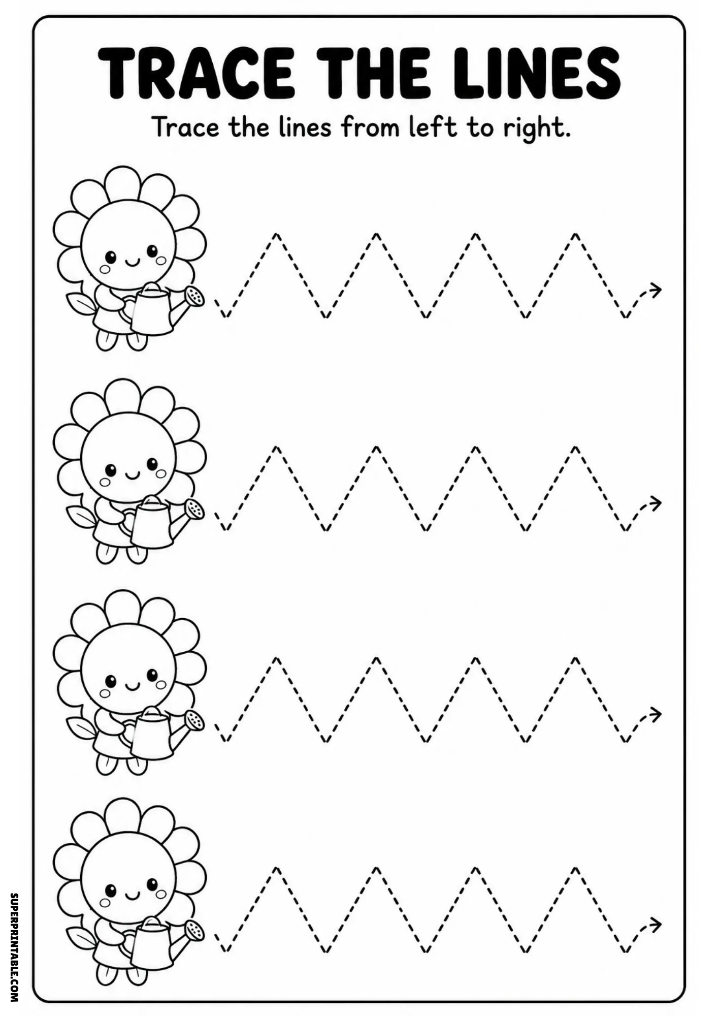 Black and white tracing sheet with four cartoon sunflowers holding watering cans and dashed sharp zigzag lines with arrow ends.
