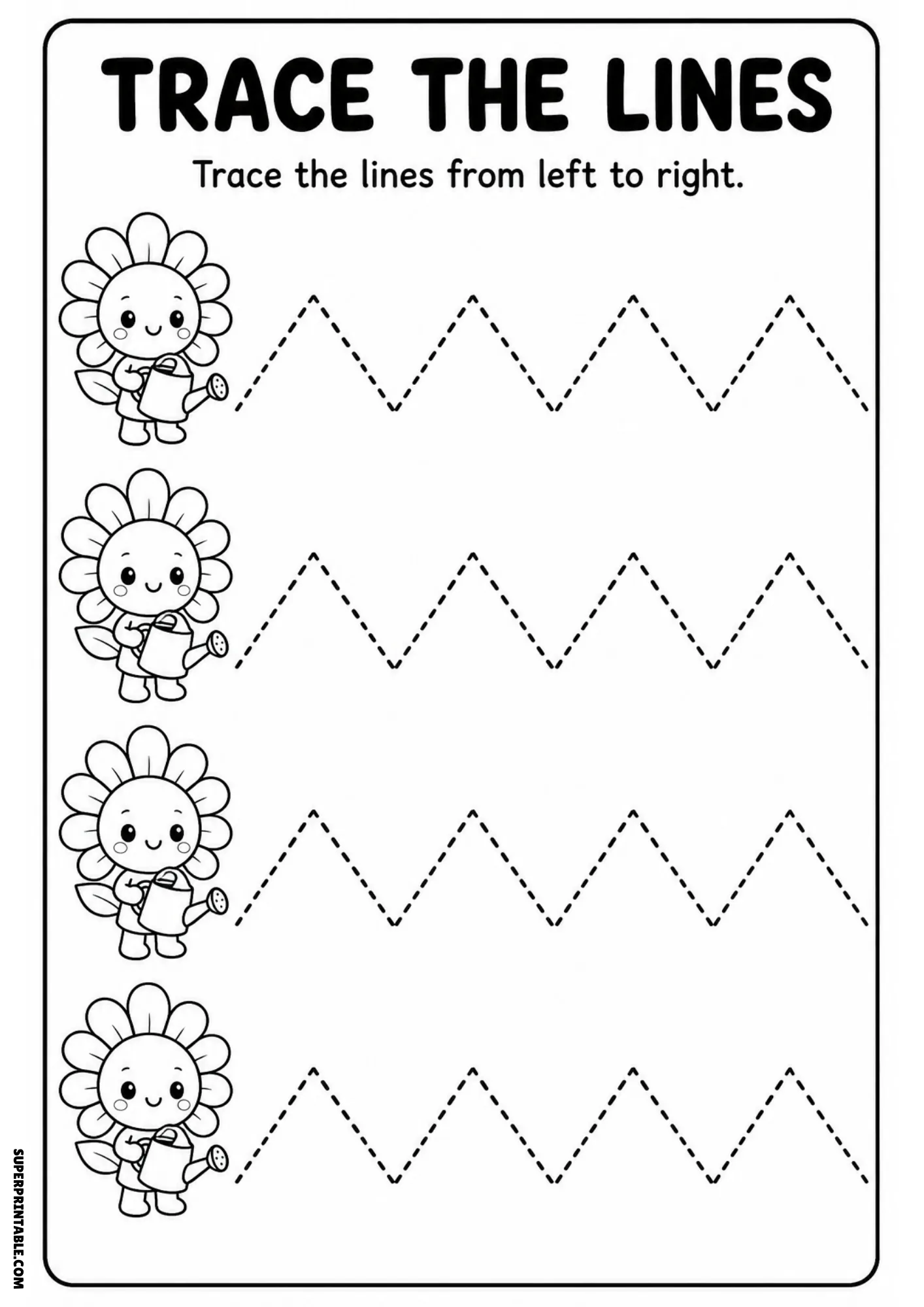 Black and white tracing printable featuring four cute cartoon sunflowers holding watering cans with dashed zigzag lines.
