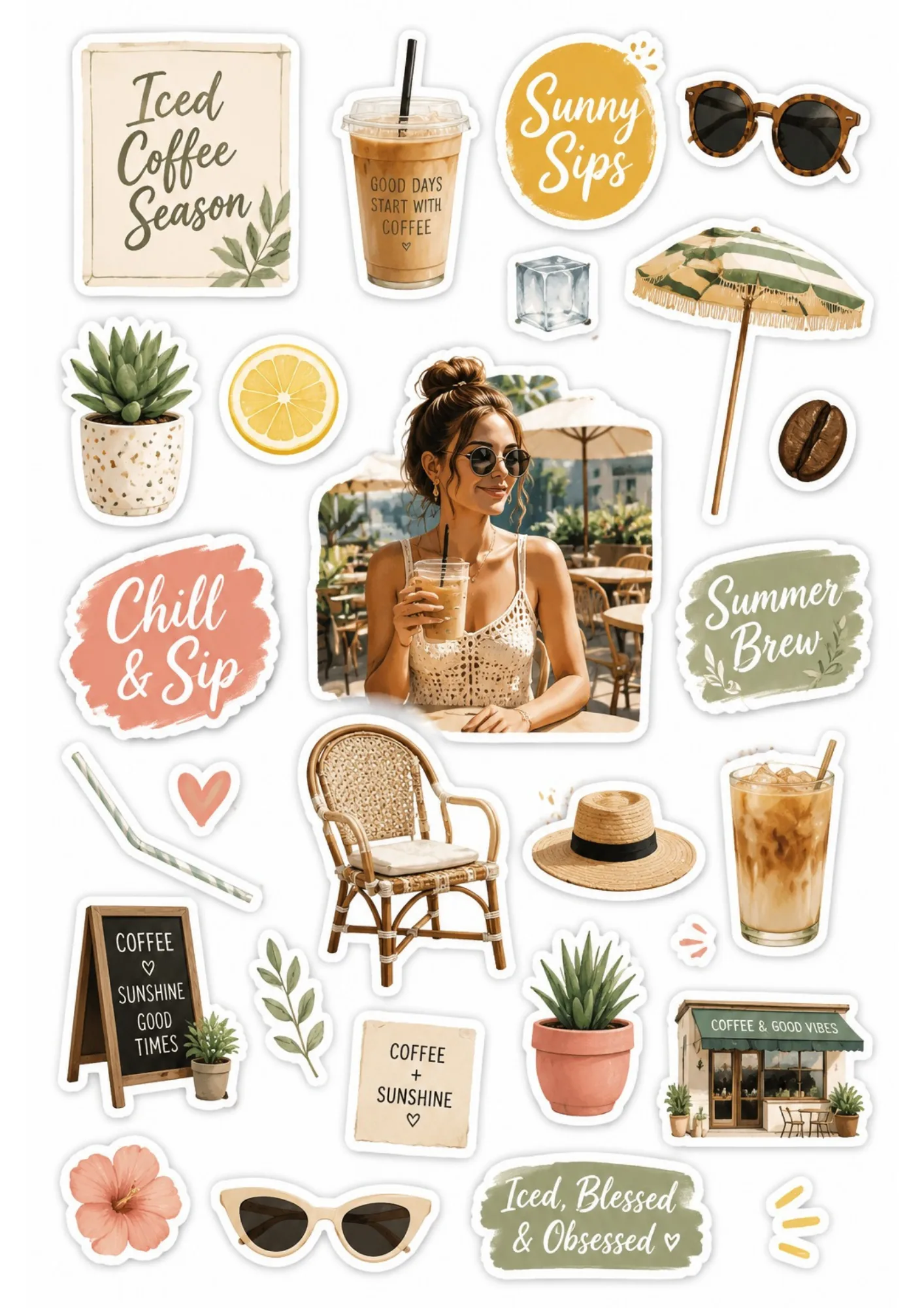 Sunny iced coffee sticker sheet depicting a woman enjoying cold coffee at an outdoor cafe surrounded by iced lattes, sunglasses, straw hat, and summer signs.
