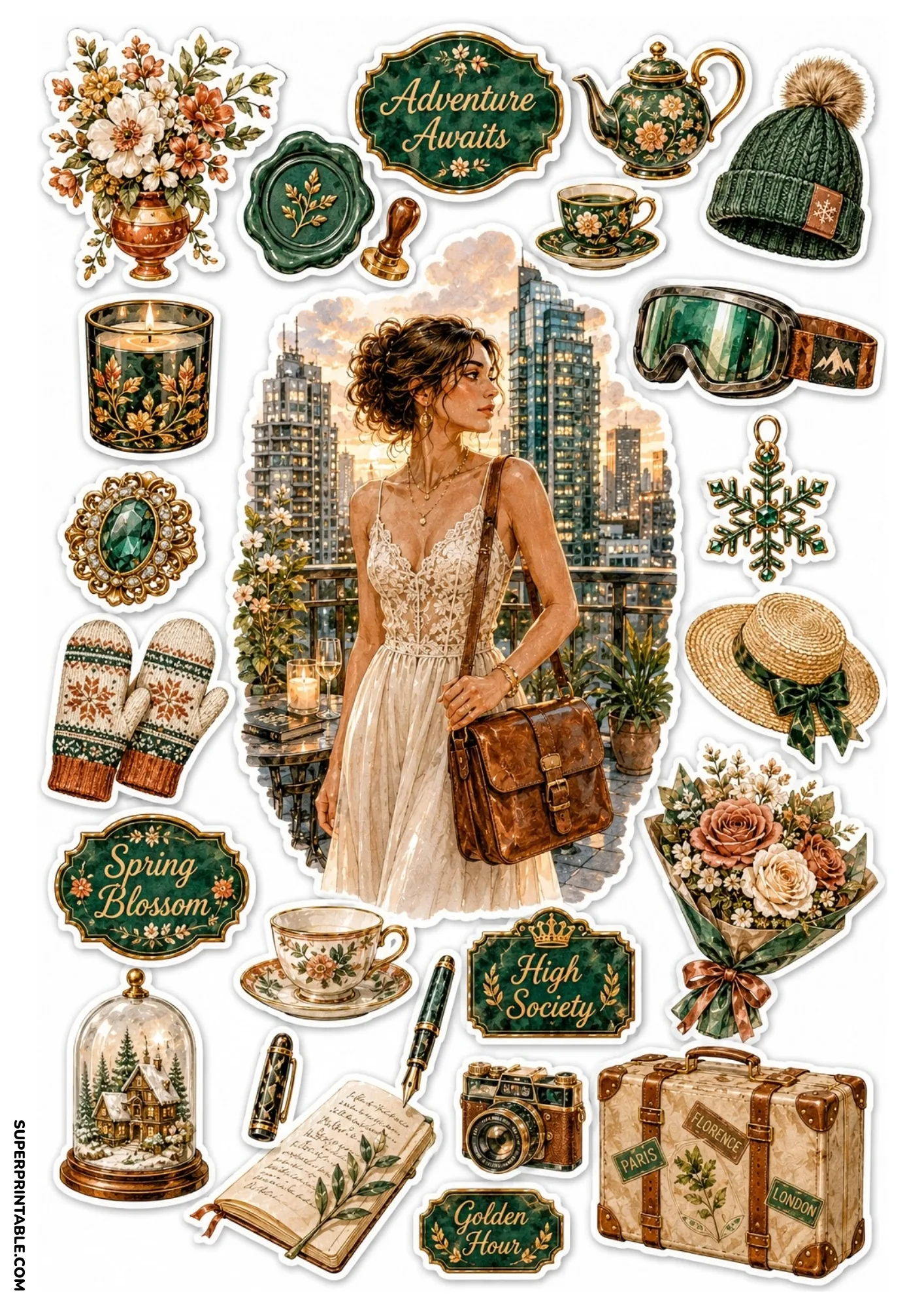 Sticker sheet featuring a woman on a city balcony at sunset surrounded by seasonal travel and luxury stickers.
