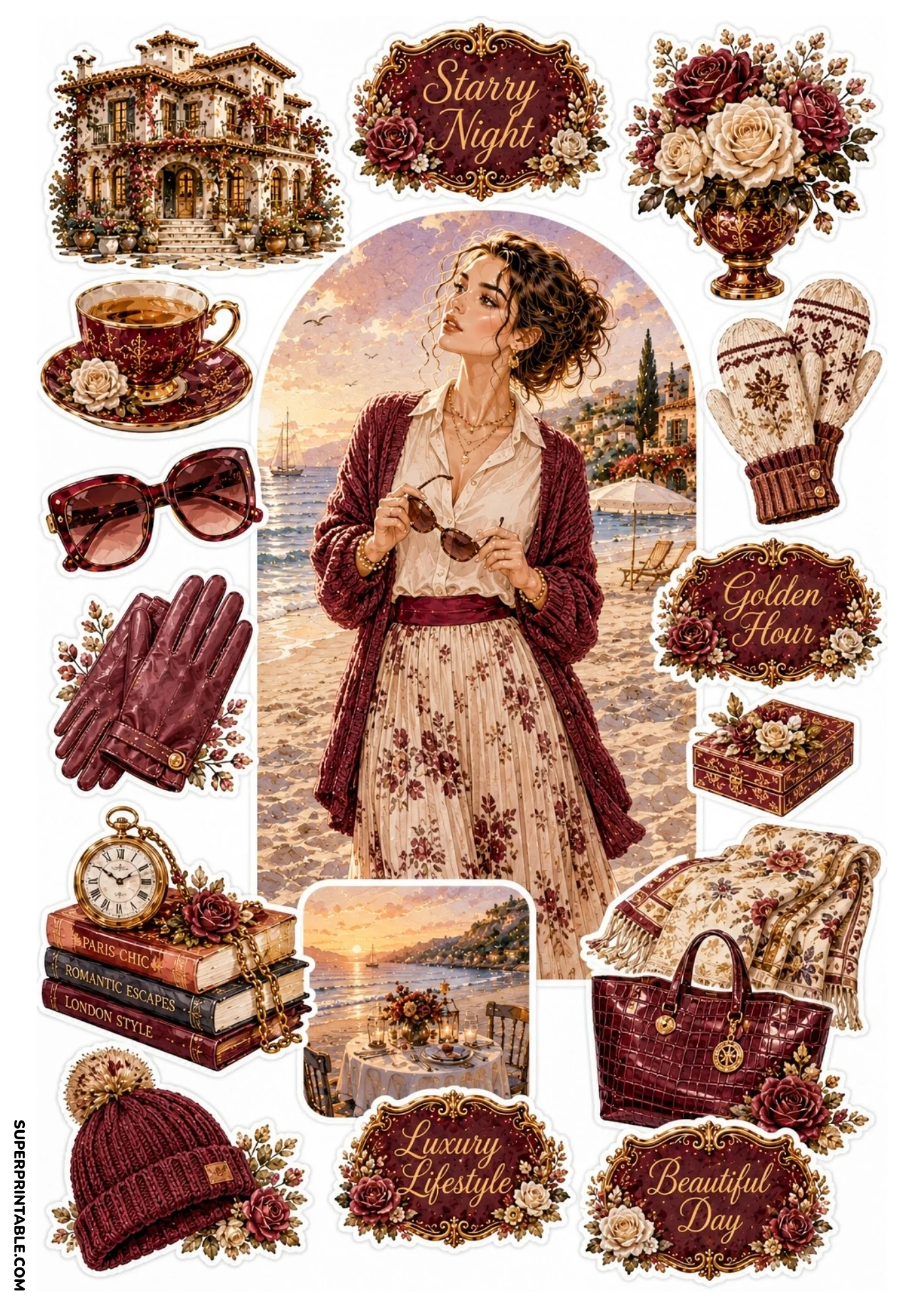 Printable sticker collection featuring a woman in a burgundy cardigan on a beach at sunset, pocket watch on book stack, knit beanie, and crocodile tote.