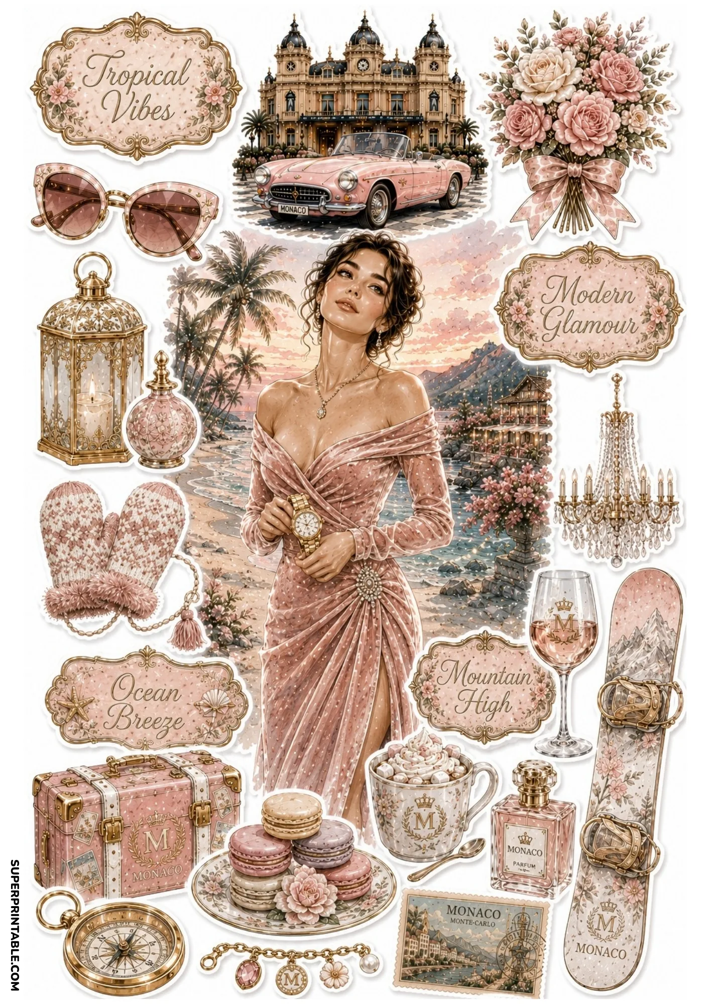 Printable sticker sheet featuring a woman in a blush gown on a beach, pink vintage car, chandelier, and macarons.