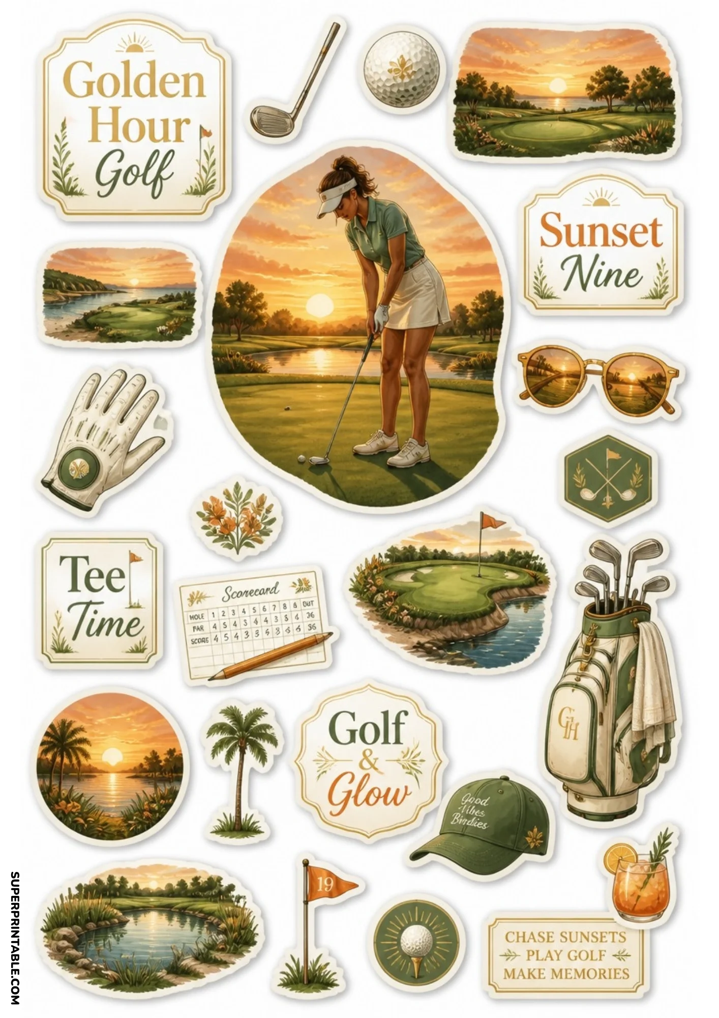 Printable sticker sheet with female golfer putting at golden sunset, tropical palm tree ocean view, golf glove, scorecard, cap, and cocktail glass.