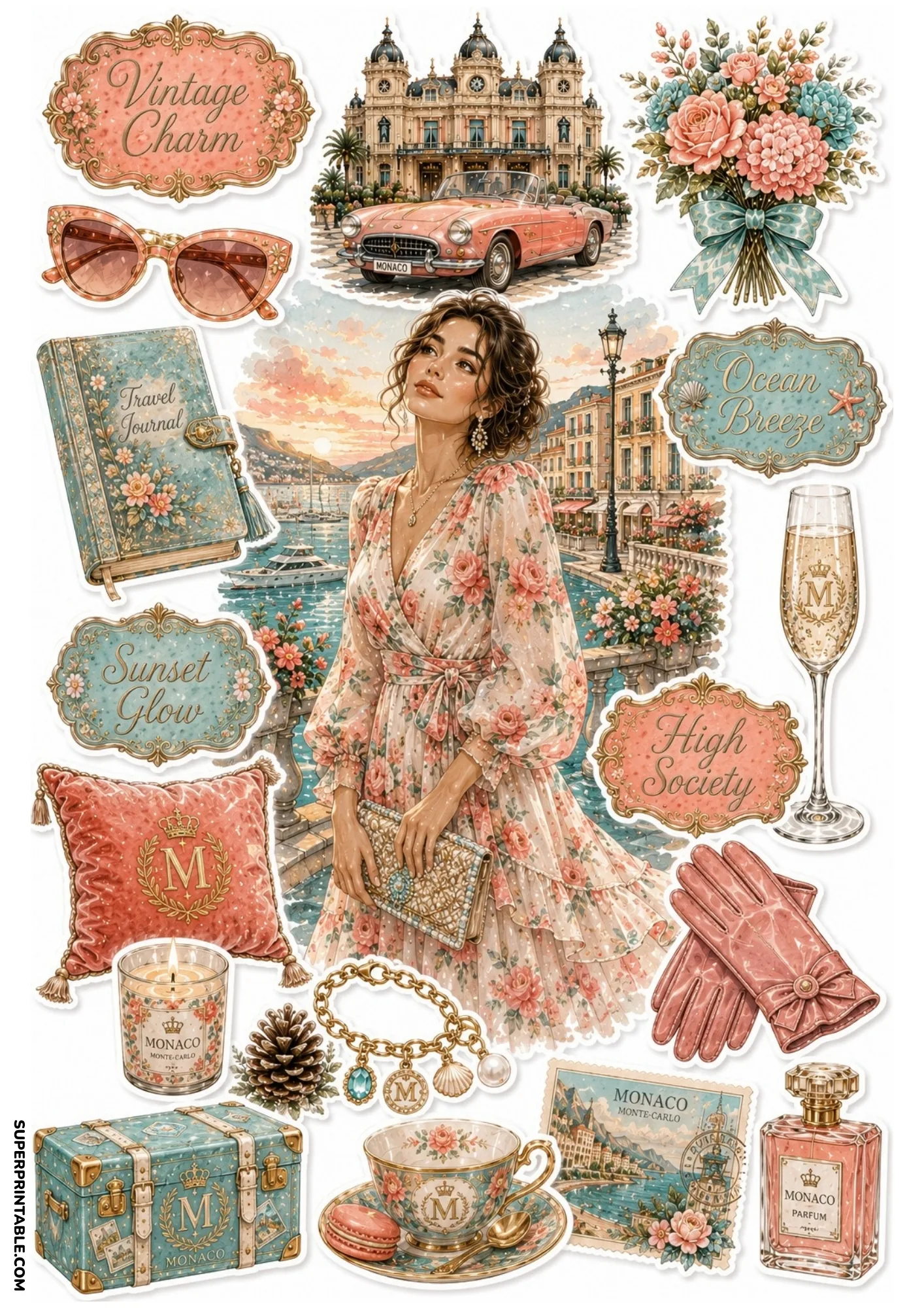 Printable sticker sheet depicting a woman in a pink floral dress by the sea at sunset, pink car, journal, and gloves.
