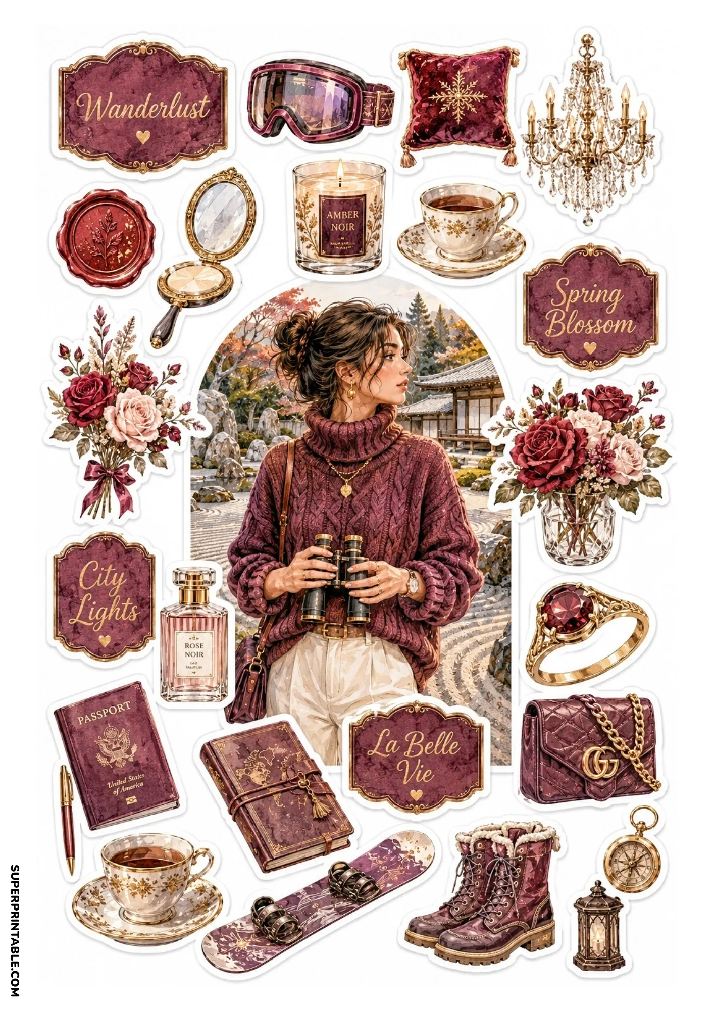 Sticker sheet featuring a woman in a burgundy turtleneck sweater in a zen garden surrounded by passports, ruby rings, burgundy boots, and velvet pillows.