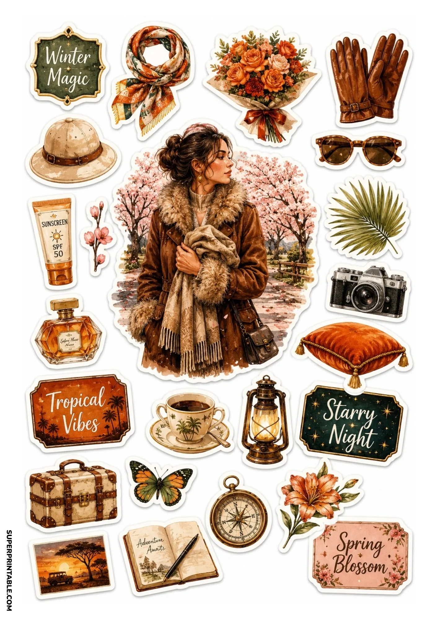 Sticker sheet featuring a woman in a suede coat under blooming cherry trees surrounded by pith helmets, safari sunset postcards, and monarch butterflies.