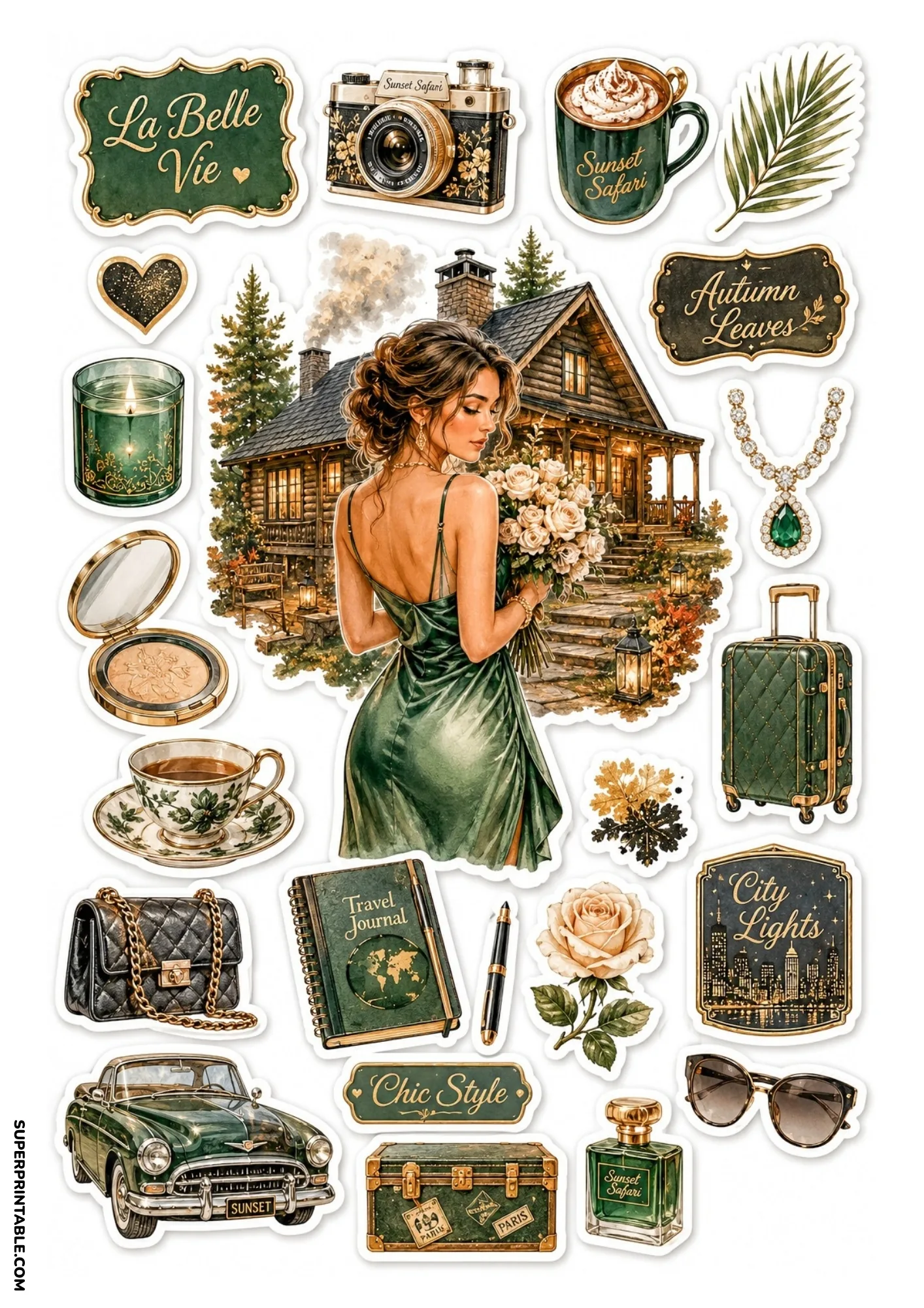 Sticker sheet featuring a woman in an emerald dress in front of a log cabin surrounded by green suitcases, vintage cars, and Sunset Safari cameras.
